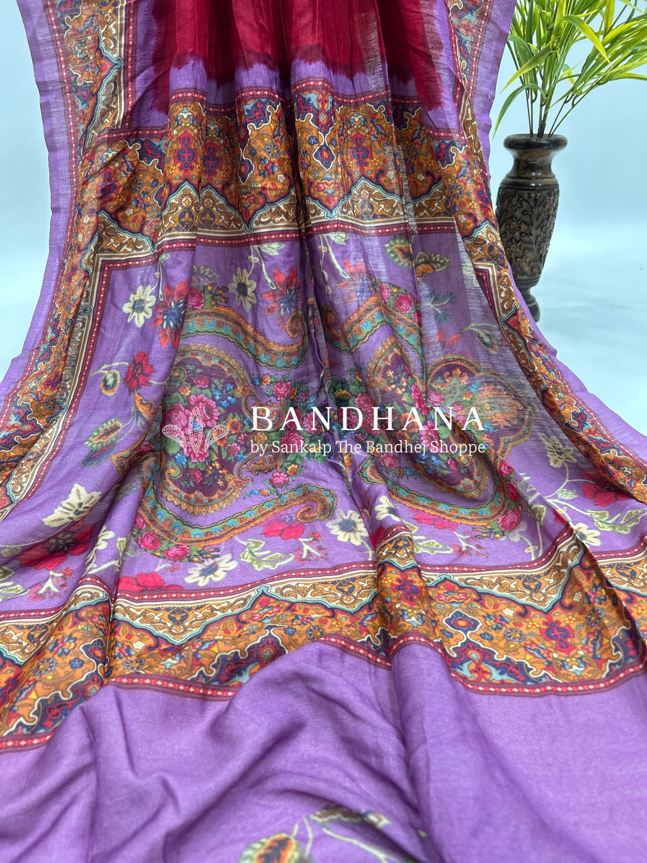 Maroon-Lavender Muga Silk Digital Kashmiri Print Bandhani Saree maroon / Muga Silk Sarees