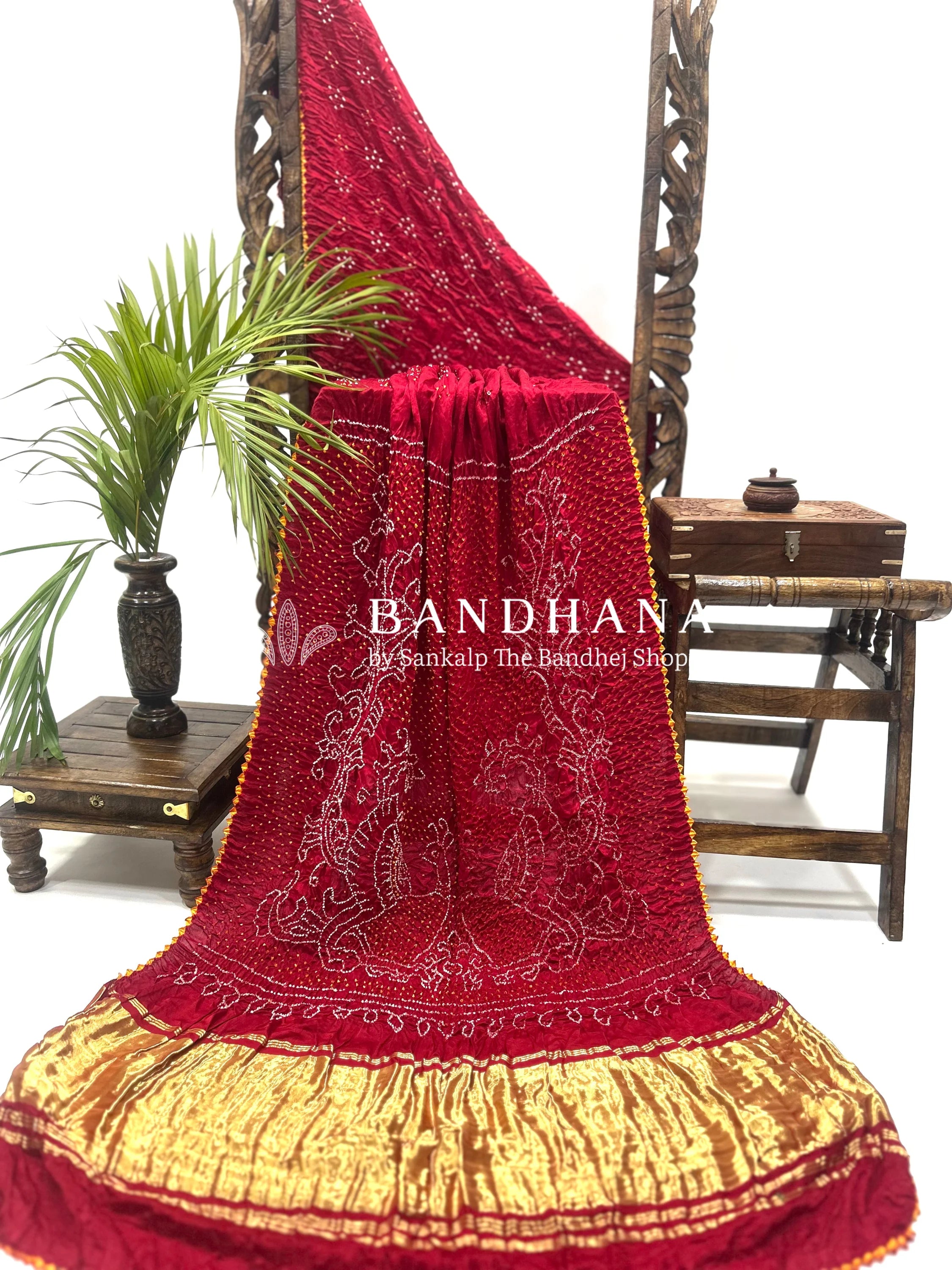 Maroon Mor Palav Gajji Designer Bandhani Saree Sarees