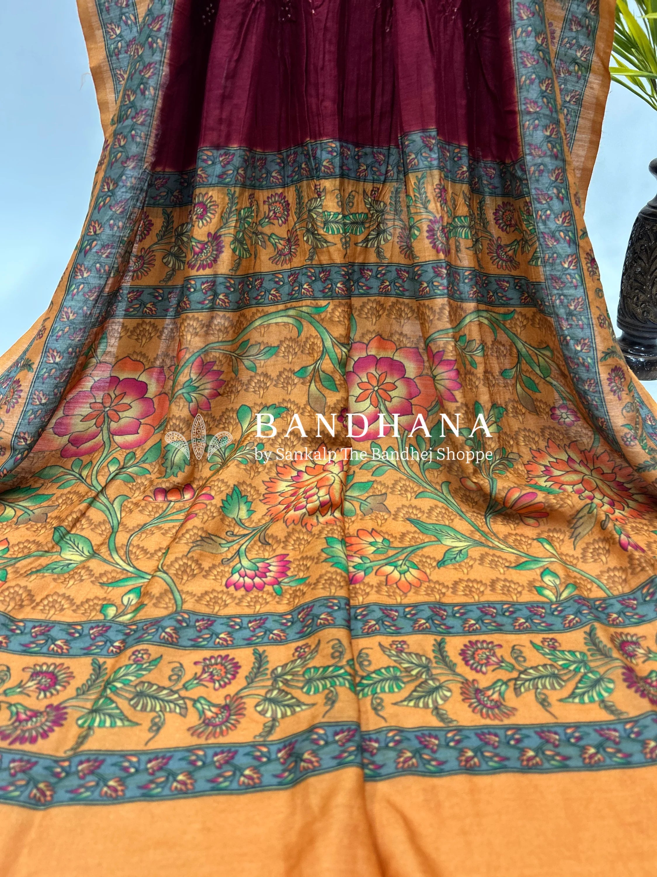 Maroon-Rust Muga Silk Digital Kashmiri Print Bandhani Saree maroon / Muga Silk Sarees