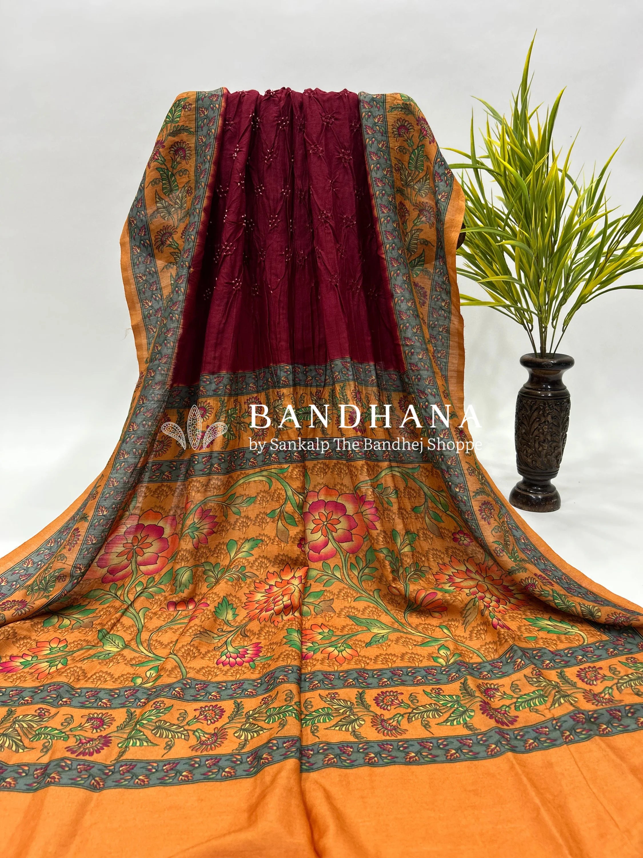 Maroon-Rust Muga Silk Digital Kashmiri Print Bandhani Saree maroon / Muga Silk Sarees