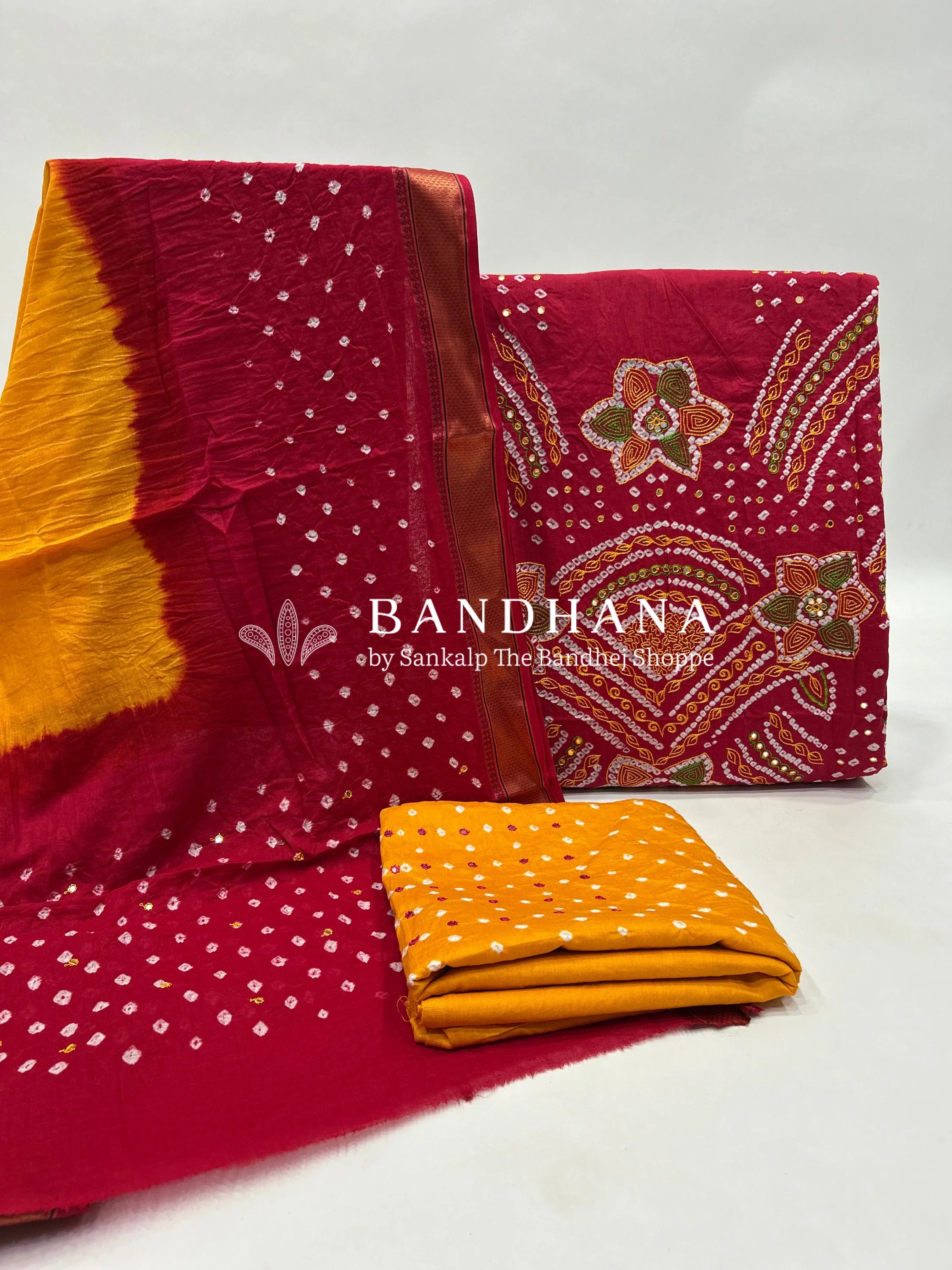 Maroon-Yellow Cotton Fancy Work Bandhani Dress Material maroon / Cotton Dresses