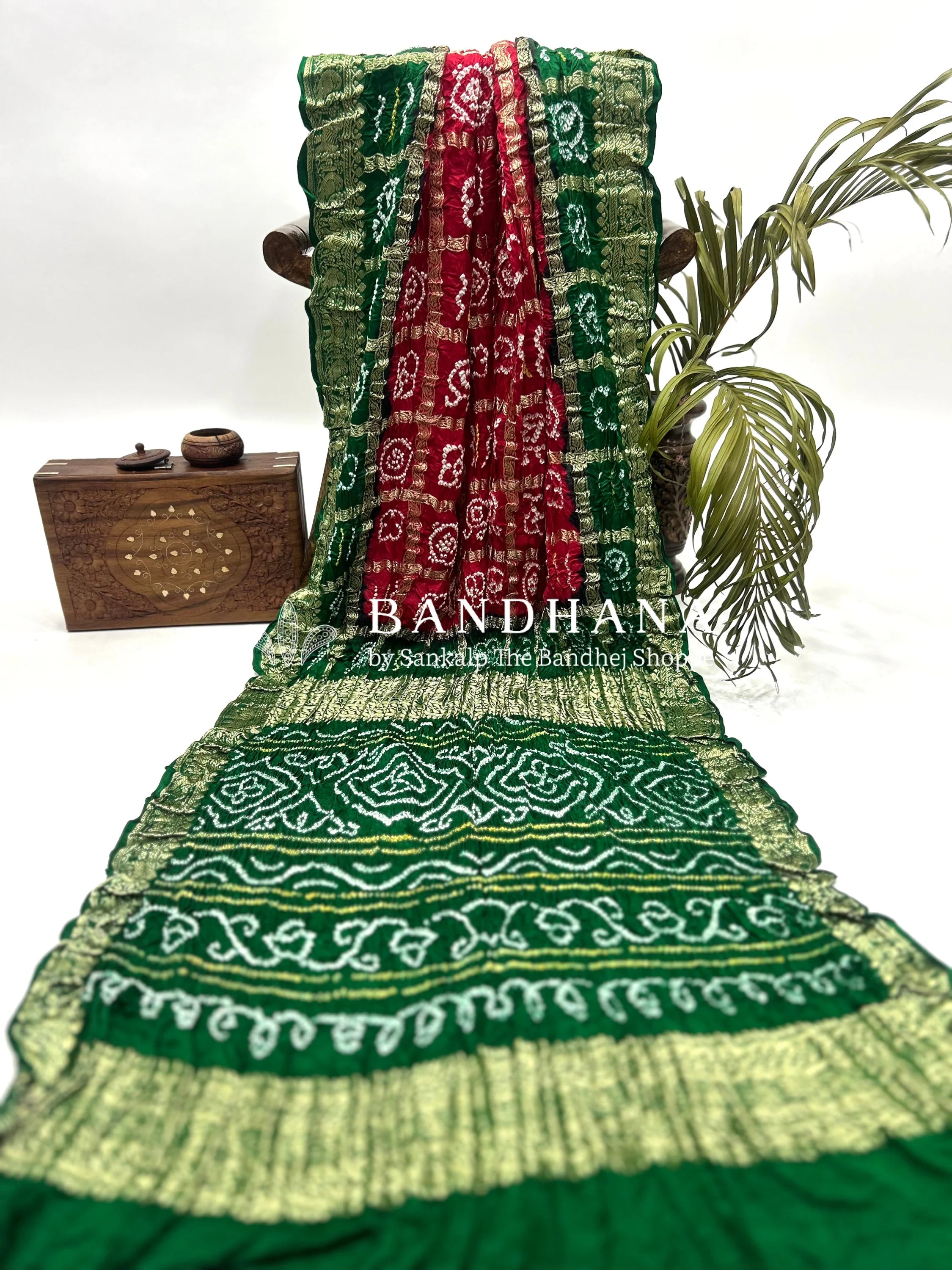 Marron Green Gajji Nakshi Gharchola Bandhani Saree Sarees