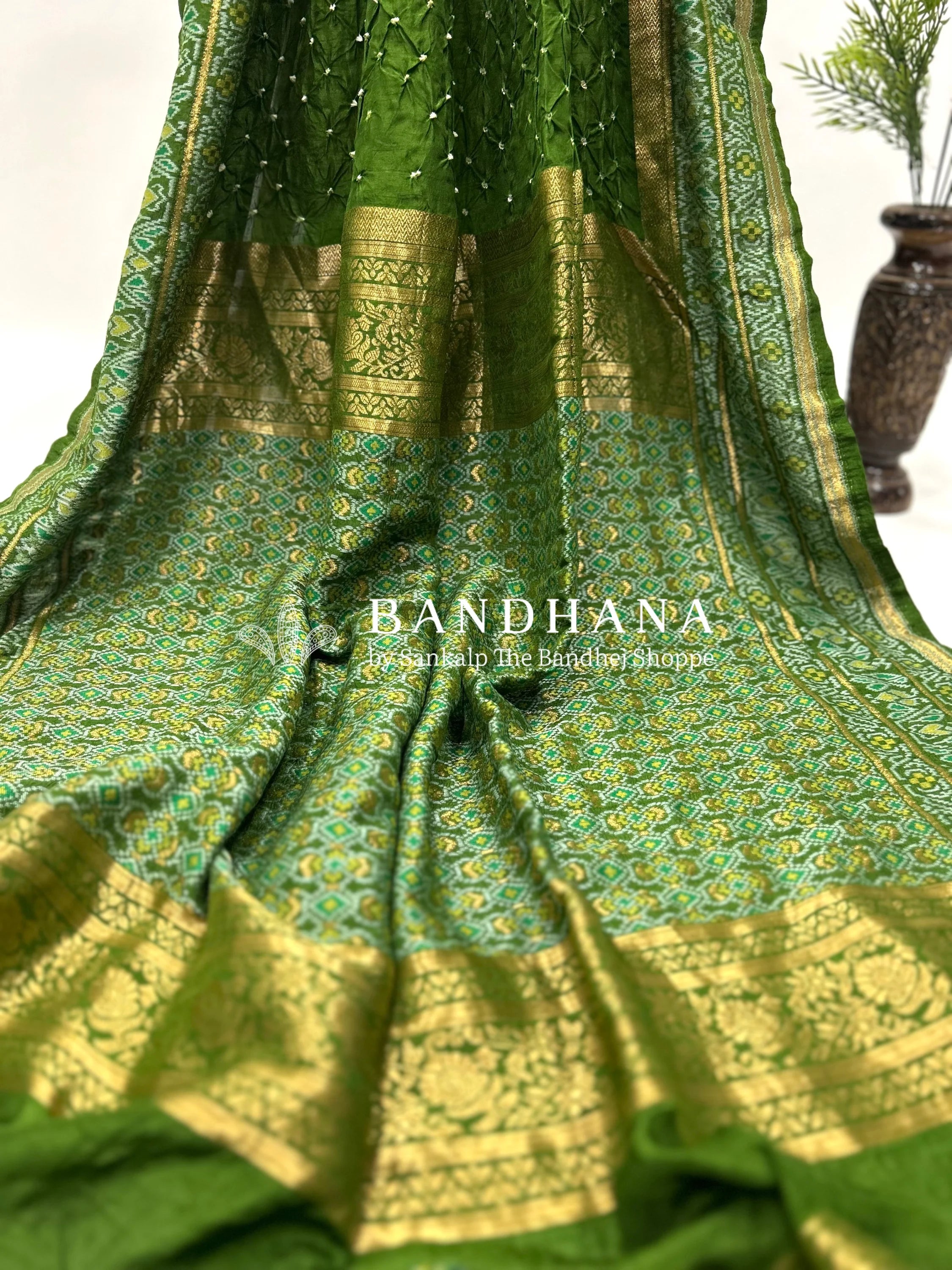 Mehandi Green Color Malai Silk Single Dot Bandhani Saree green / Malai Silk Sarees