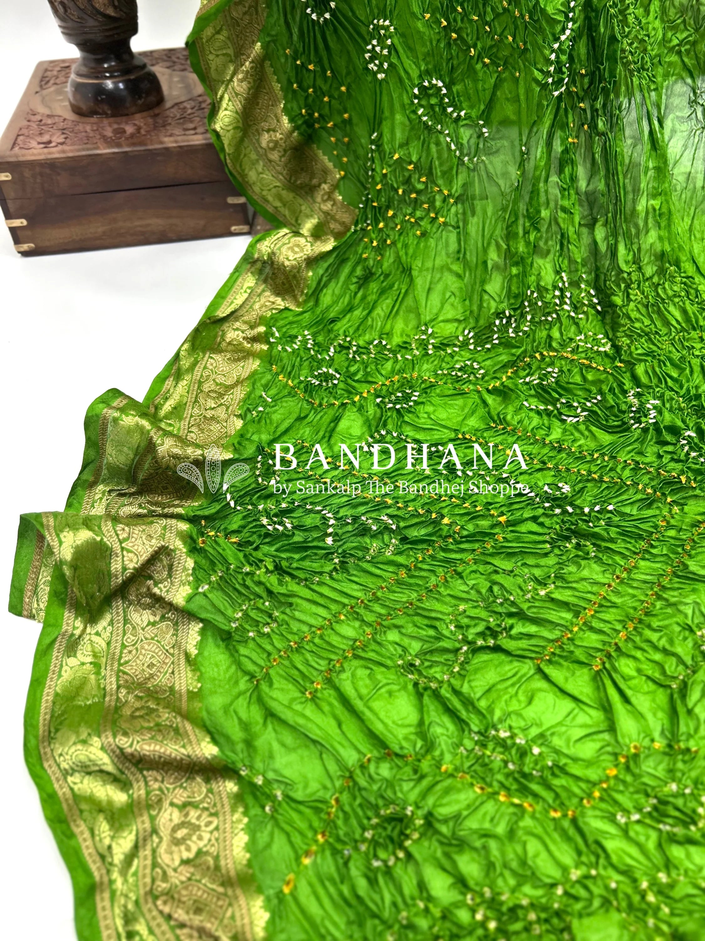 Mehandi Soft Silk Resham Border Bandhani Saree limegreen / Soft Silk Sarees
