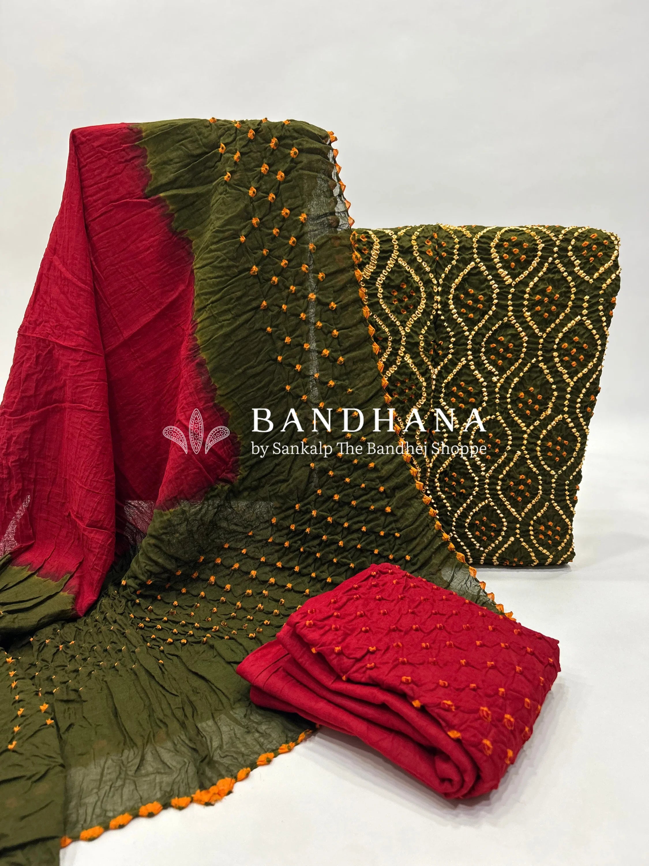 Mehendi-Red Cotton Pandadi Bandhani Dress Material Red / Cotton Dresses