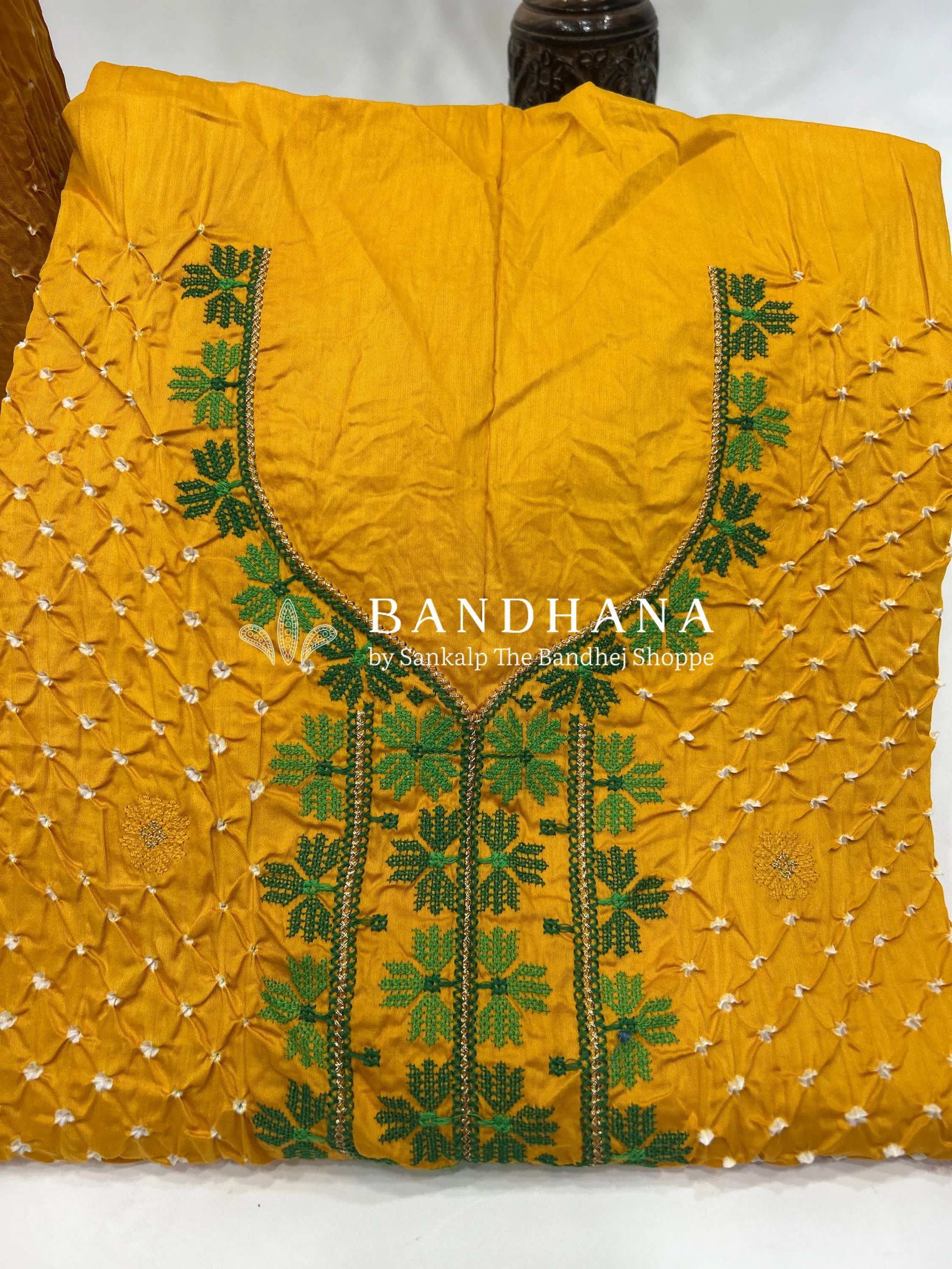 Mustard Cotton Work Bandhani Dress Material (Unstitched) yellow / Cotton Dresses