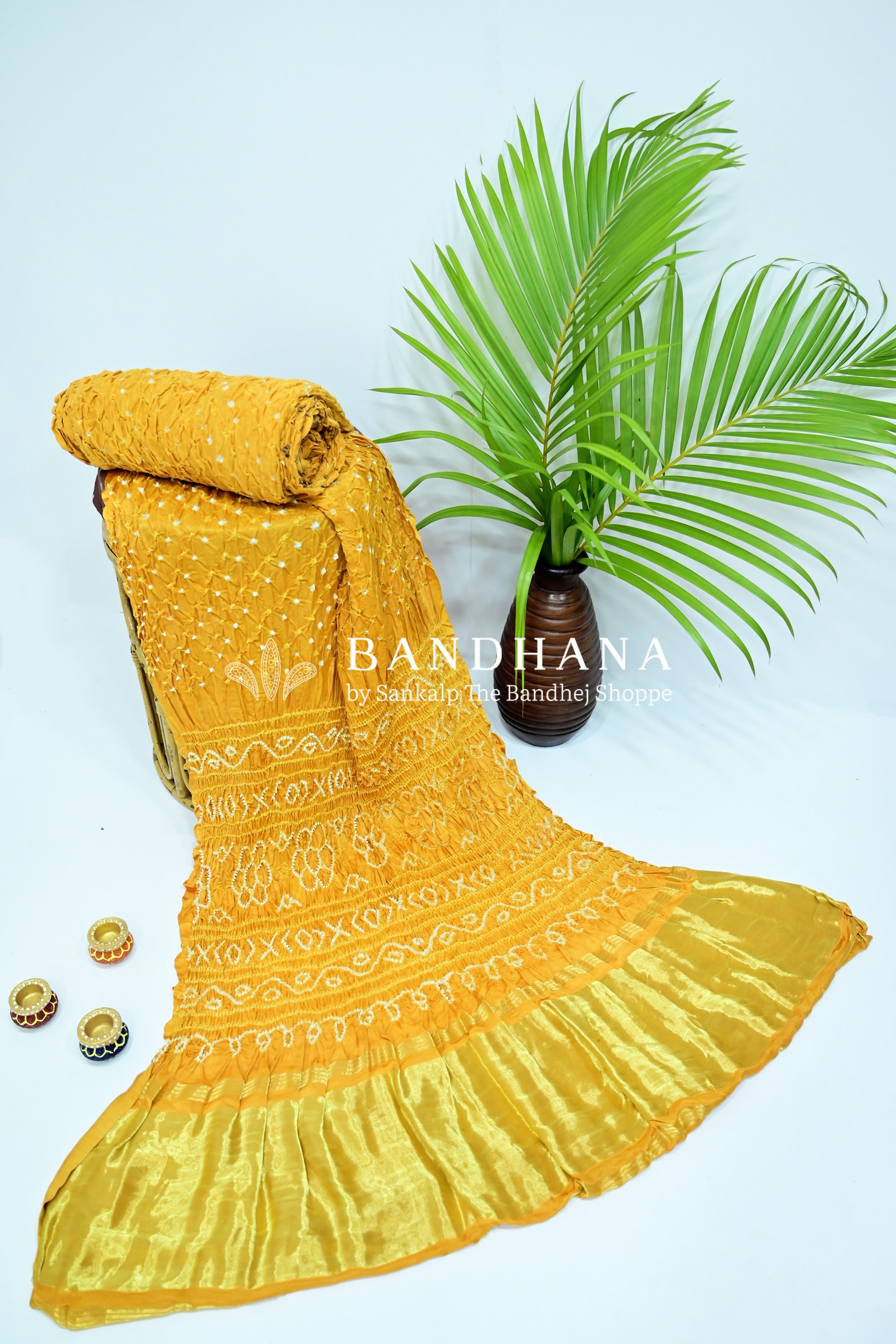 Mustard Gajji Silk Single Dot Bandhani Saree Sarees