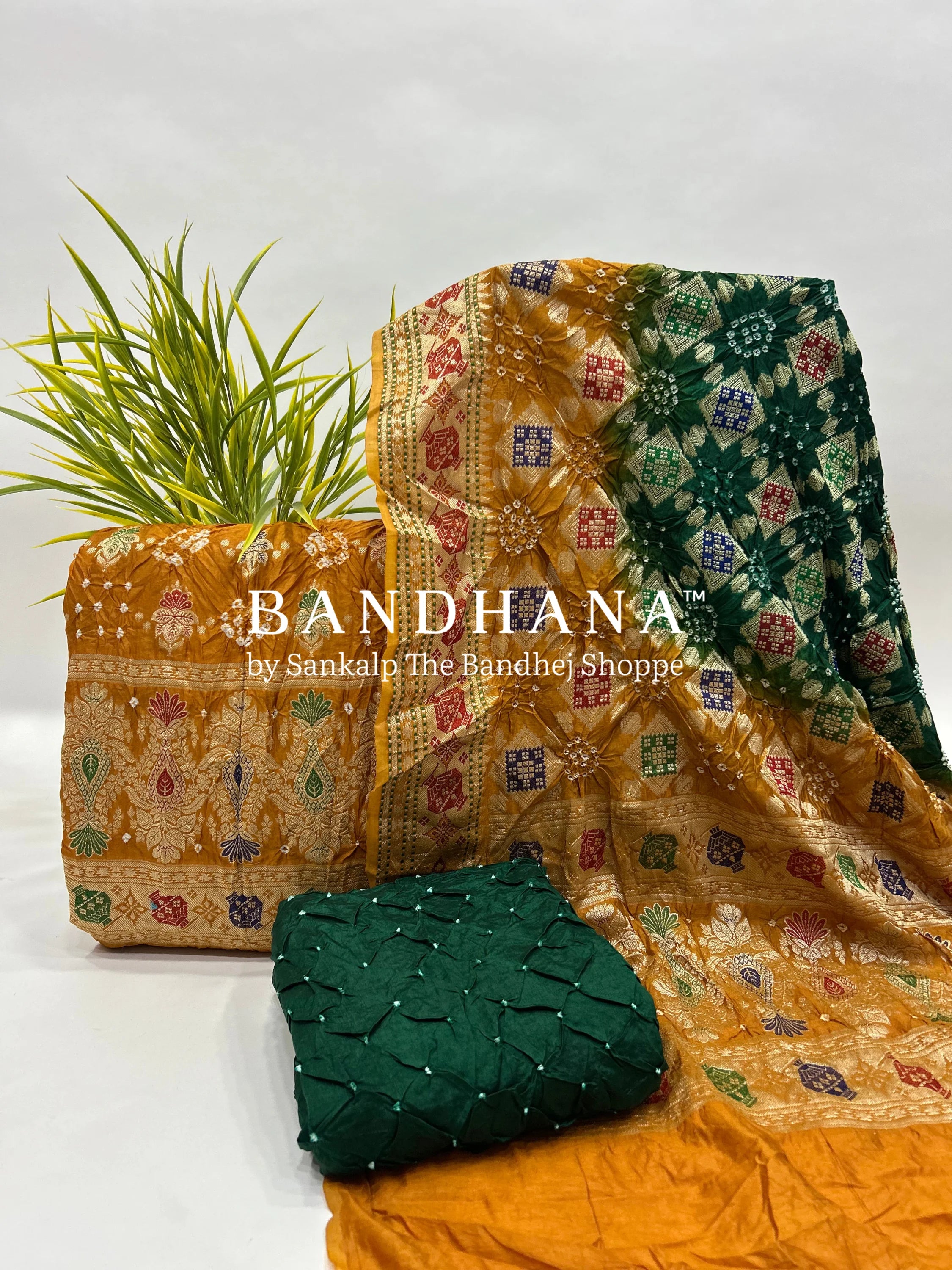 Mustard & Green Art Dupion Butta Bandhani Dress Material darkorange / Art Silk Dresses