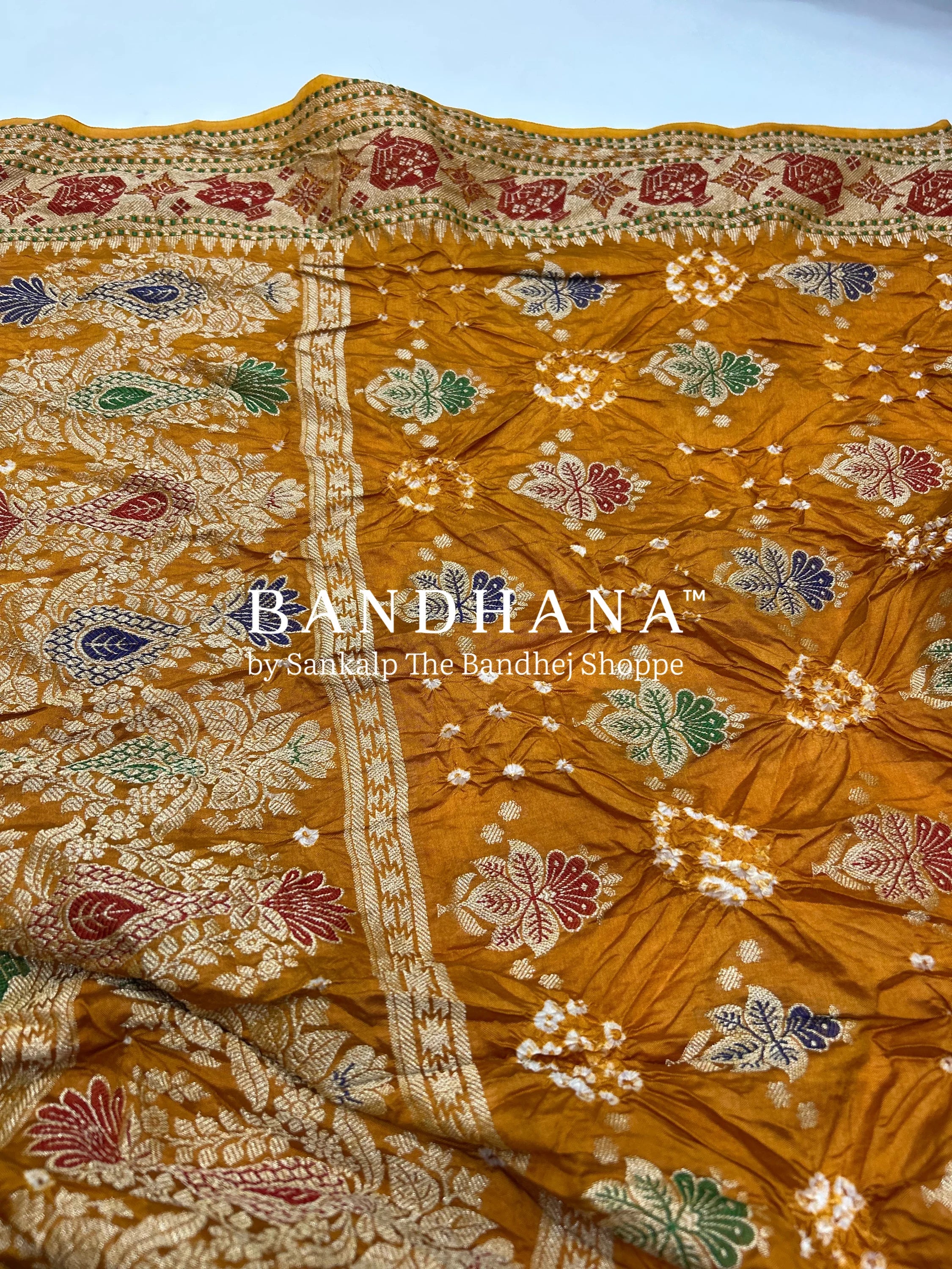 Mustard & Green Art Dupion Butta Bandhani Dress Material darkorange / Art Silk Dresses