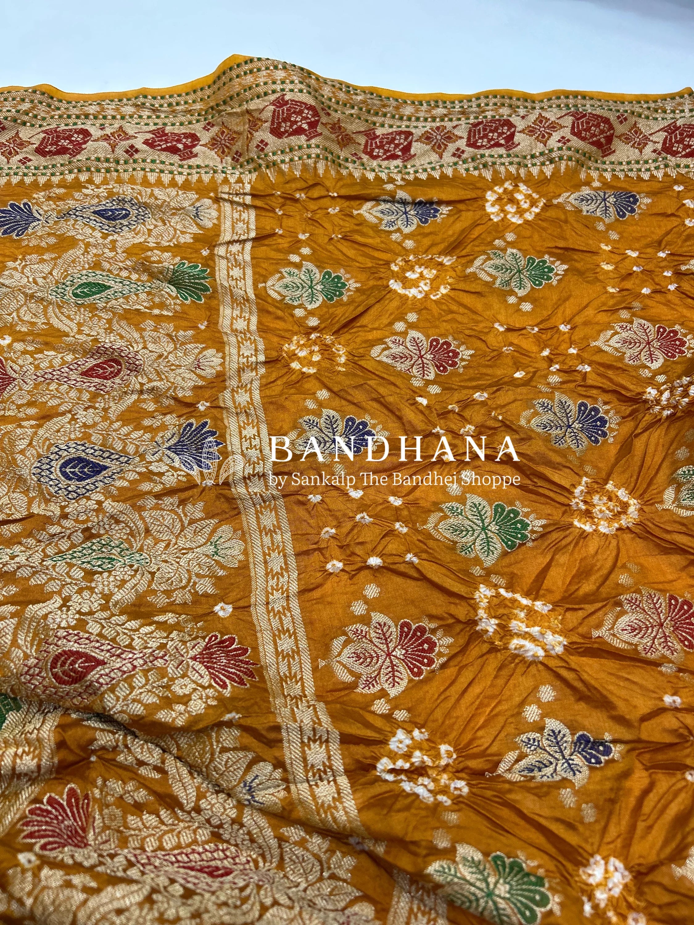 Mustard & Green Art Dupion Butta Bandhani Dress Material darkorange / Art Silk Dresses