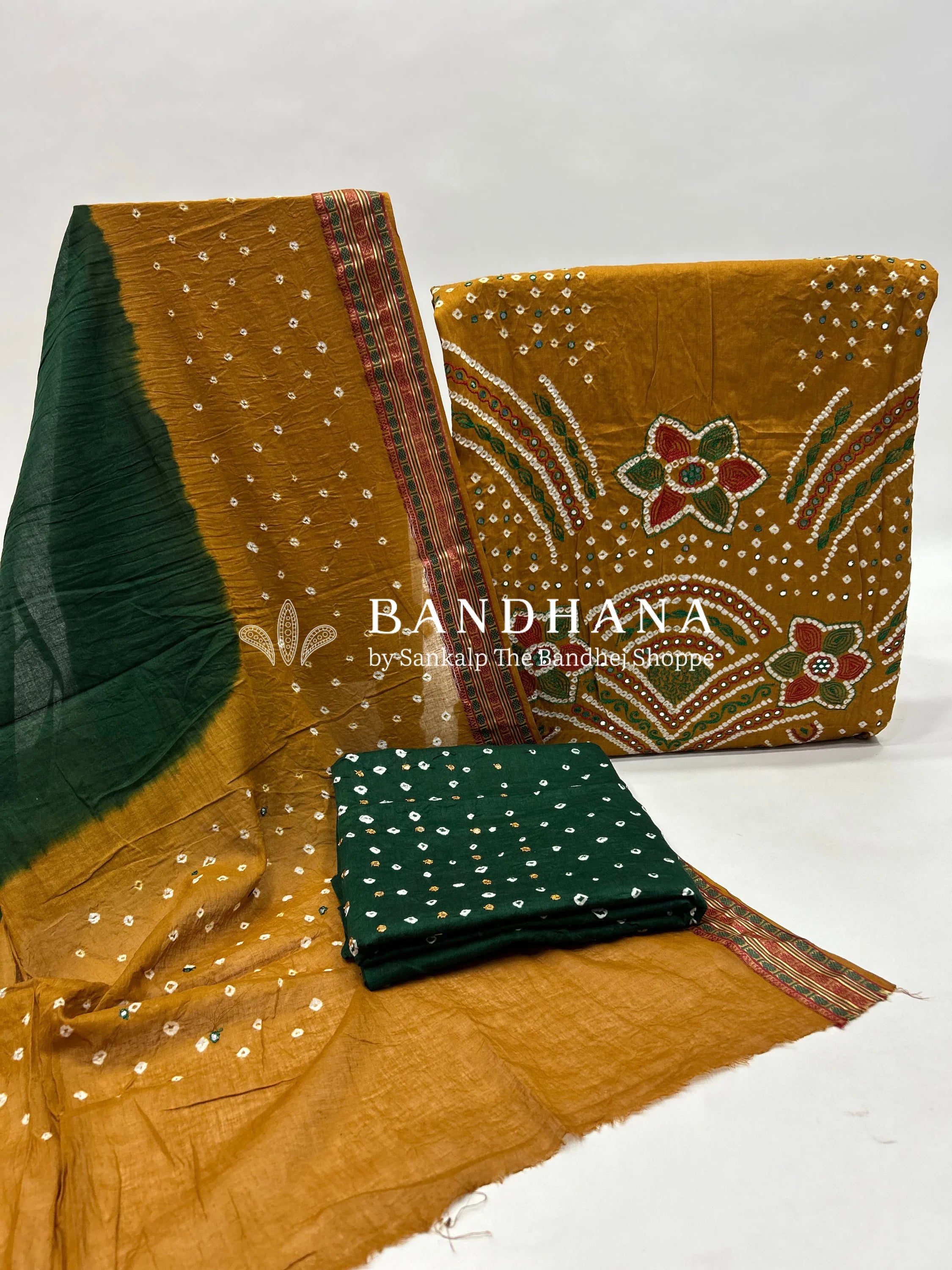 Mustard-Green Cotton Fancy Work Bandhani Dress Material darkorange / Cotton Dresses