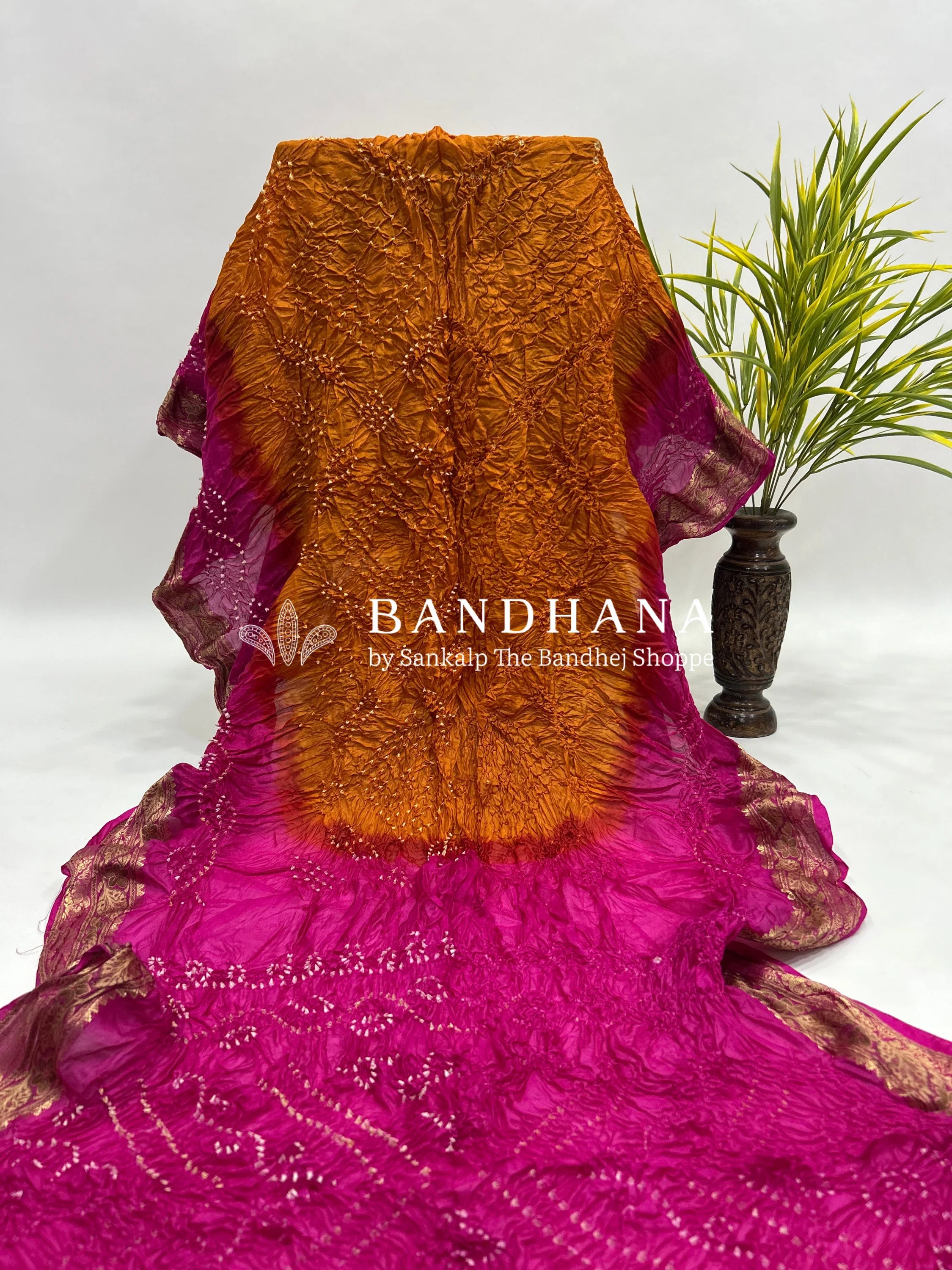 Mustard & Magenta Soft Silk Resham Palav Bandhani Saree magenta / Soft Silk Sarees