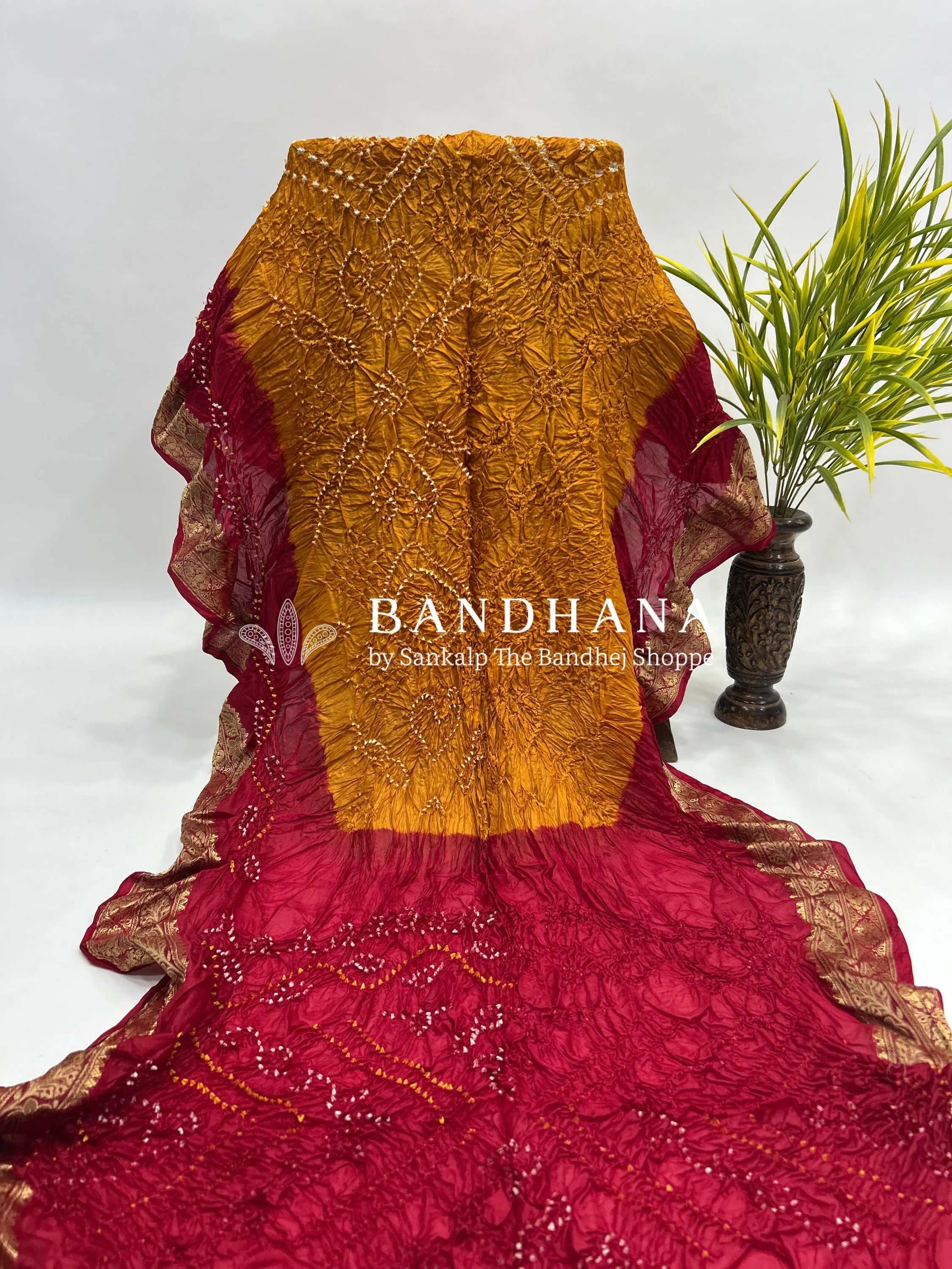 Mustard & Maroon Soft Silk Resham Palav Bandhani Saree darkorange / Soft Silk Sarees
