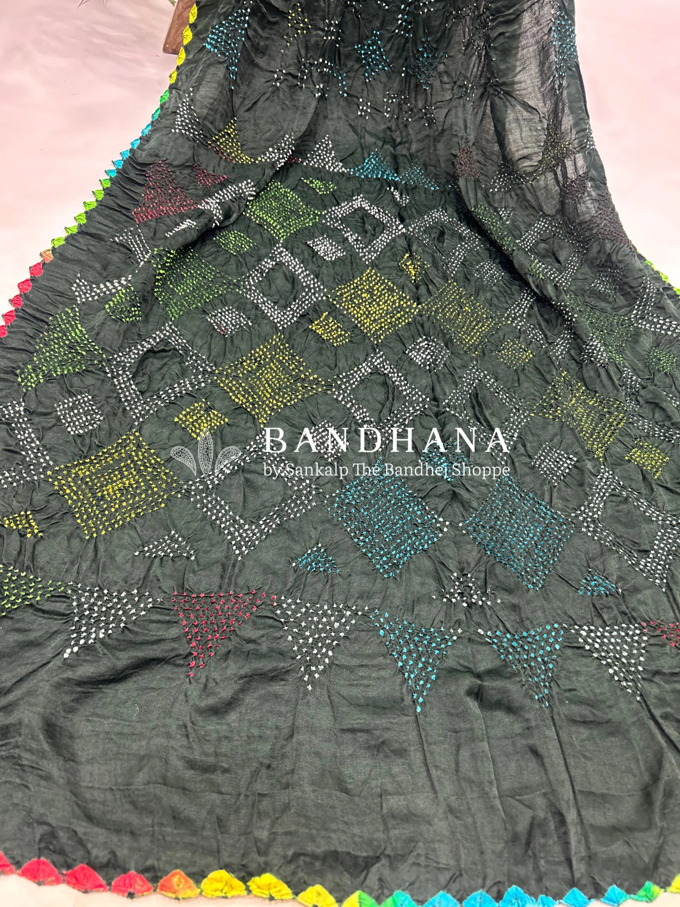 Mutli Dark Green Gajji Silk Bhati Designer Bandhani Saree Sarees