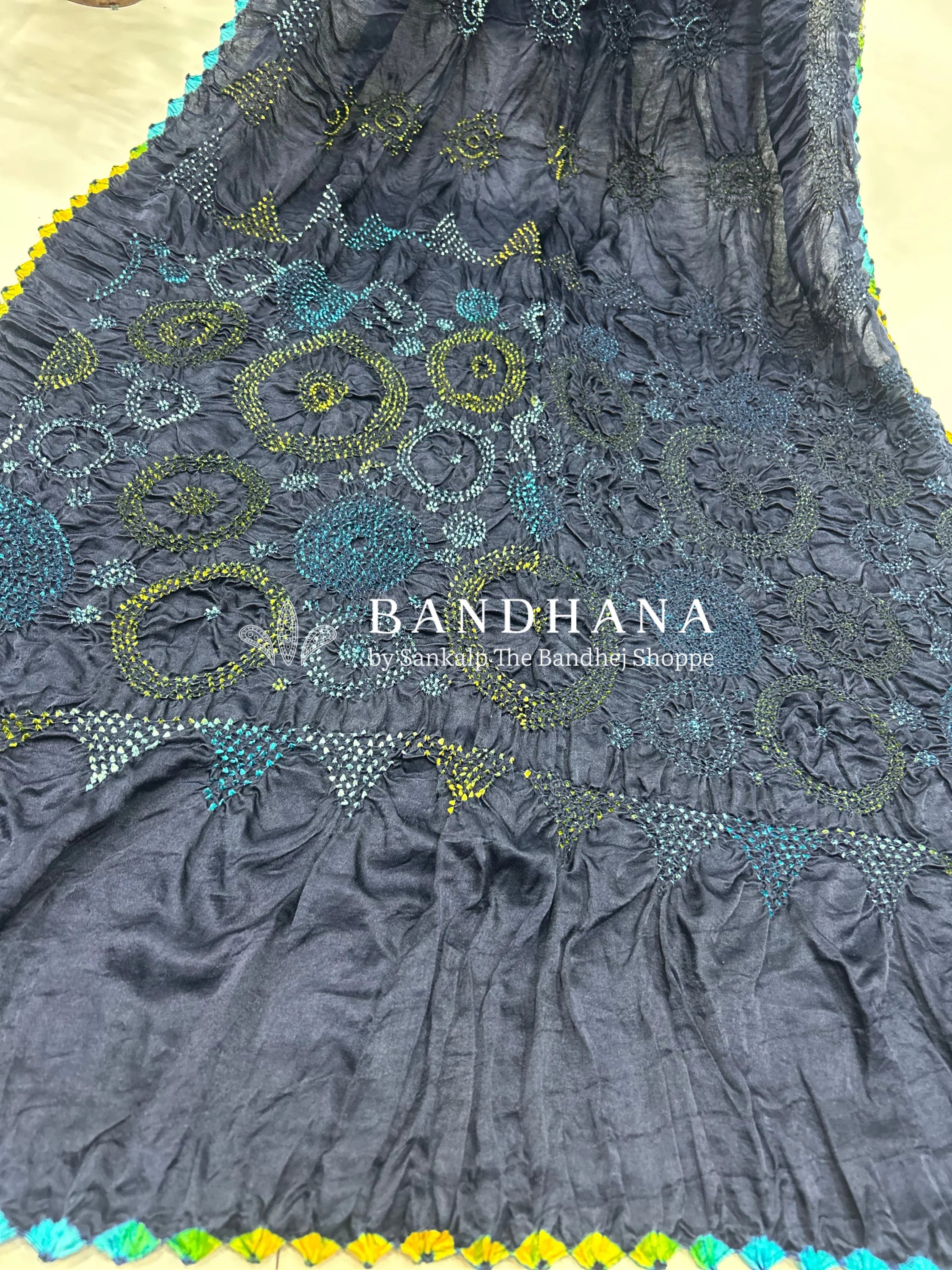 Mutli Navy Blue Gajji Silk Bhati Designer Bandhani Saree Sarees