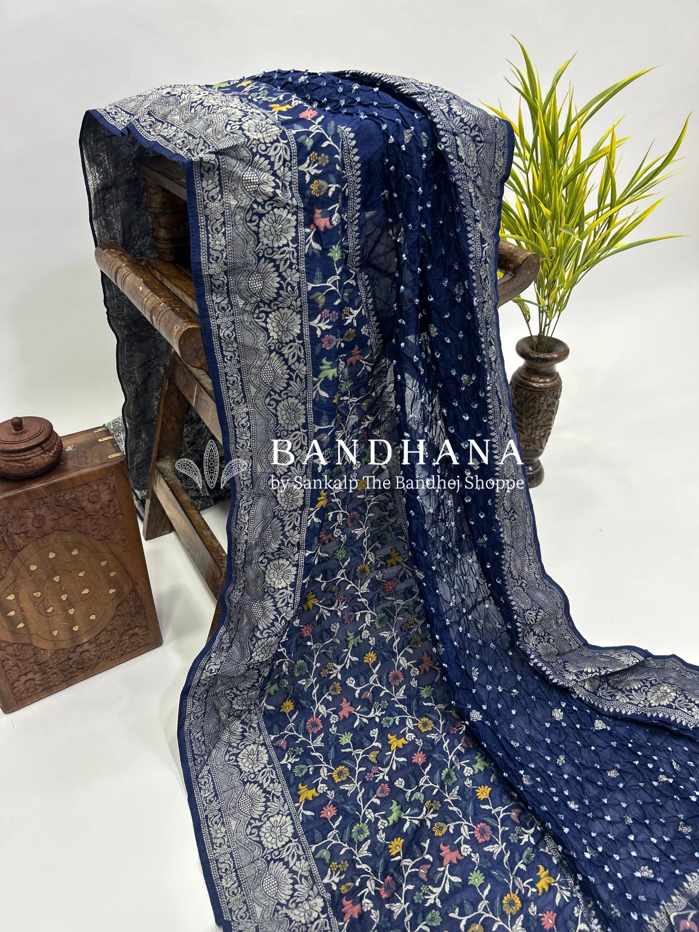 Navy Blue Art Tussar Silk Bandhani Saree navy / Tussar Silk Sarees