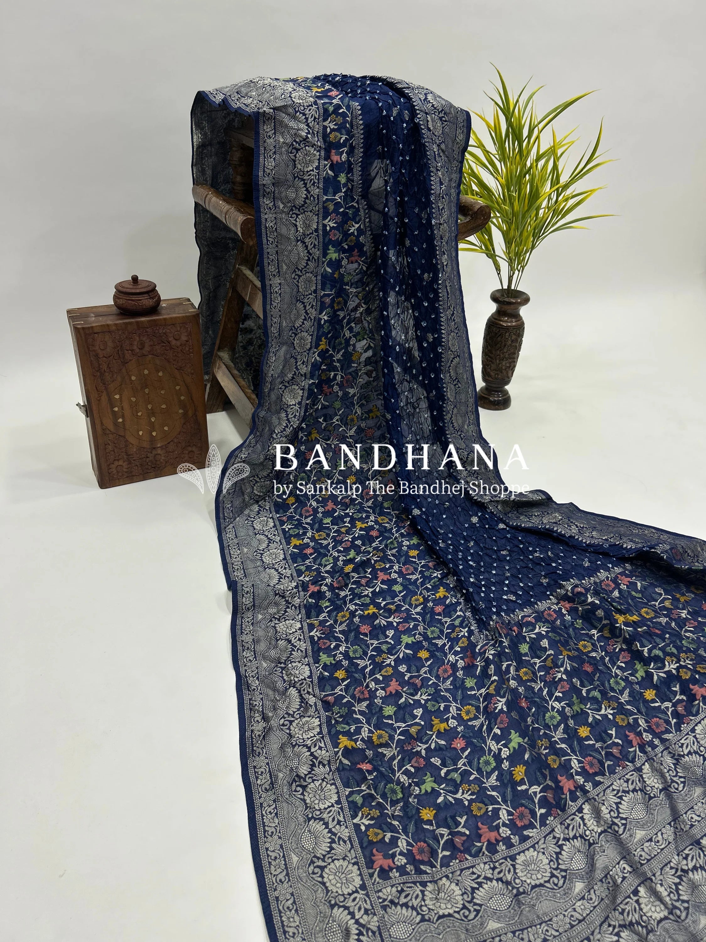 Navy Blue Art Tussar Silk Bandhani Saree navy / Tussar Silk Sarees