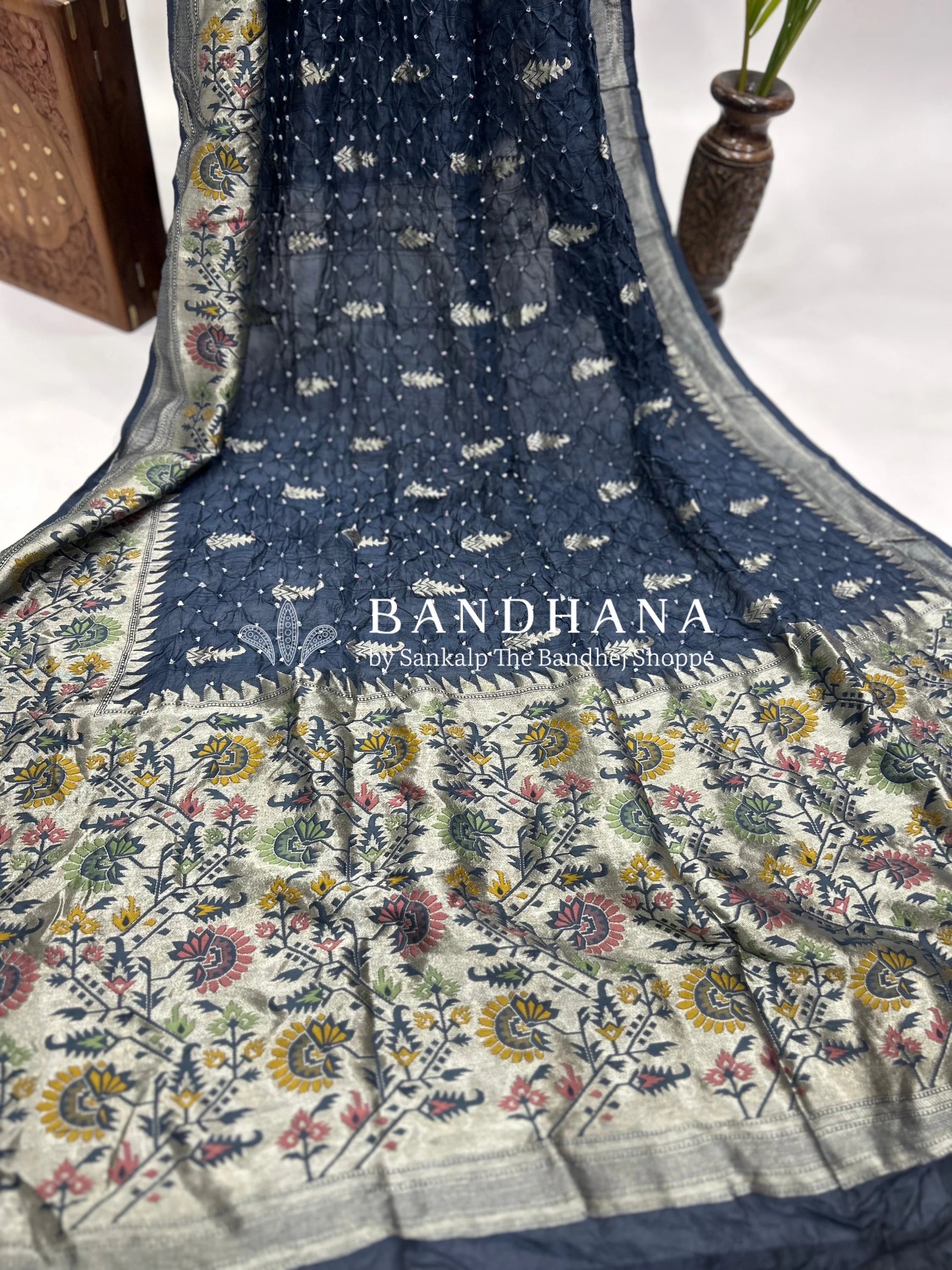 Navy Blue Art Tussar Silk Bandhani Saree Sarees