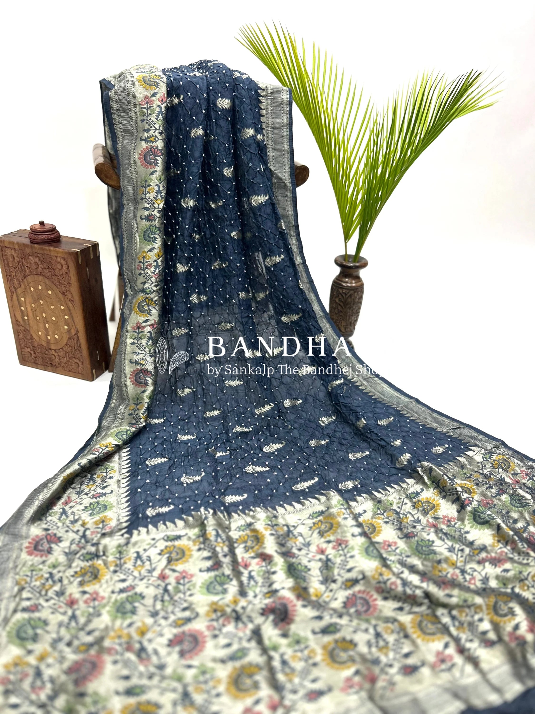 Navy Blue Art Tussar Silk Bandhani Saree Sarees