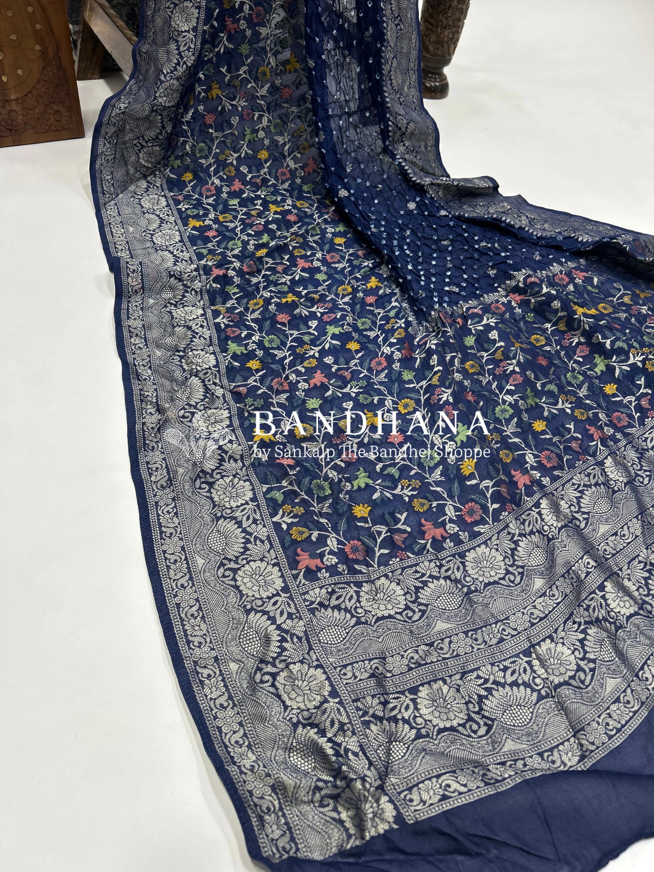 Navy Blue Art Tussar Silk Bandhani Saree navy / Tussar Silk Sarees