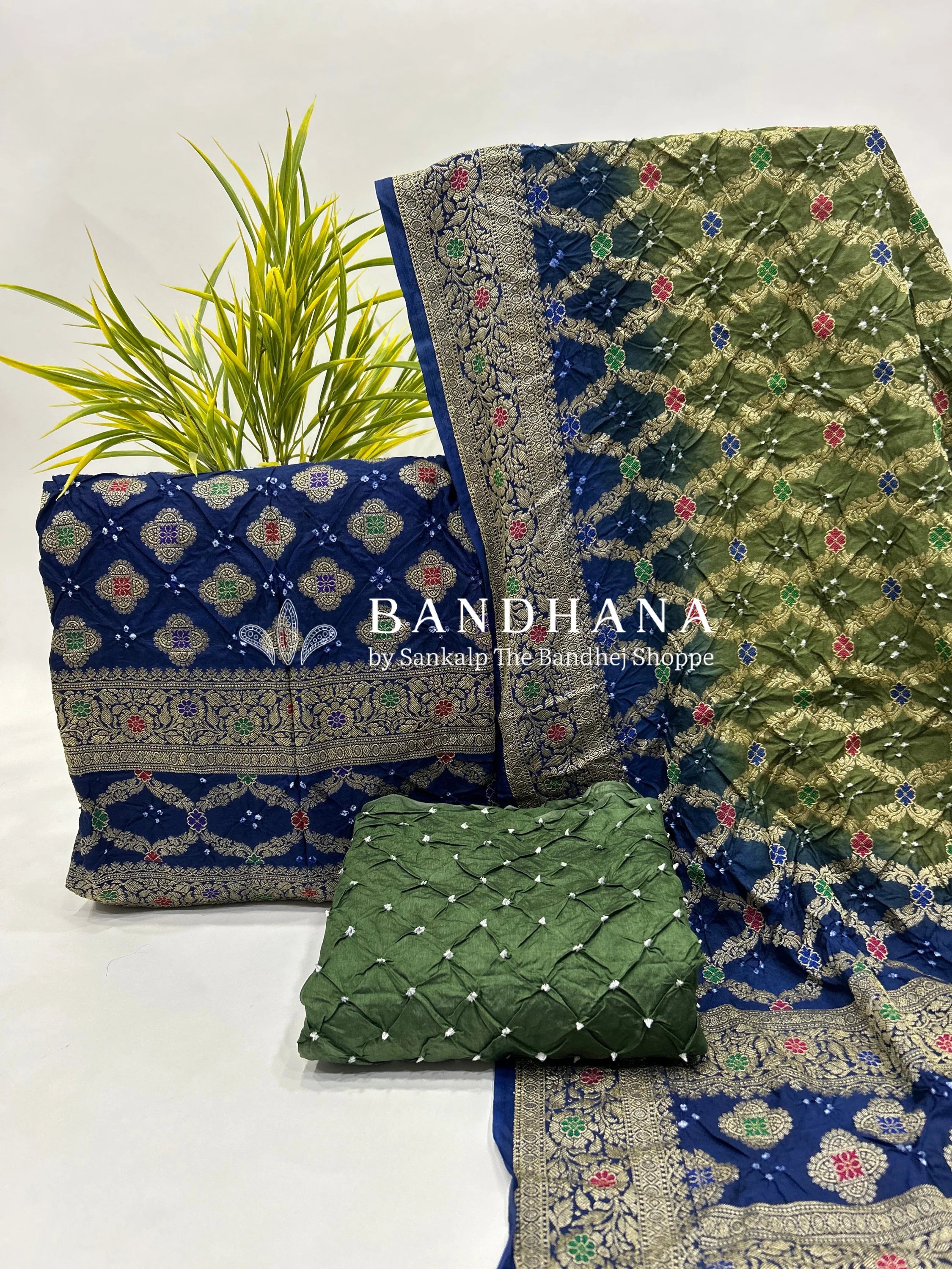 Navy Blue & Pista Art Dupion Butta Bandhani Dress Material navy / Art Silk Dresses