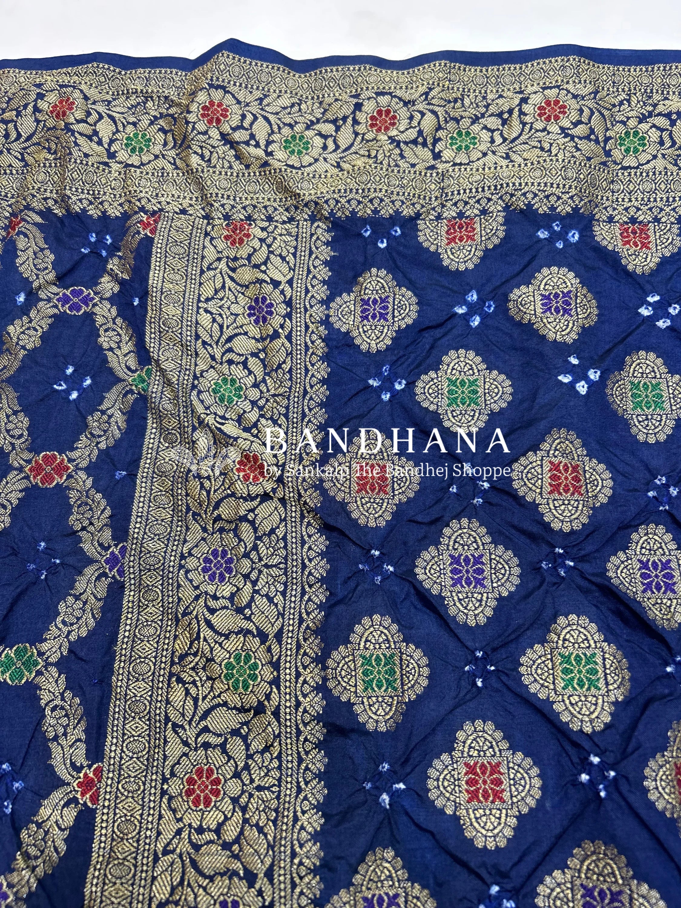 Navy Blue & Pista Art Dupion Butta Bandhani Dress Material navy / Art Silk Dresses