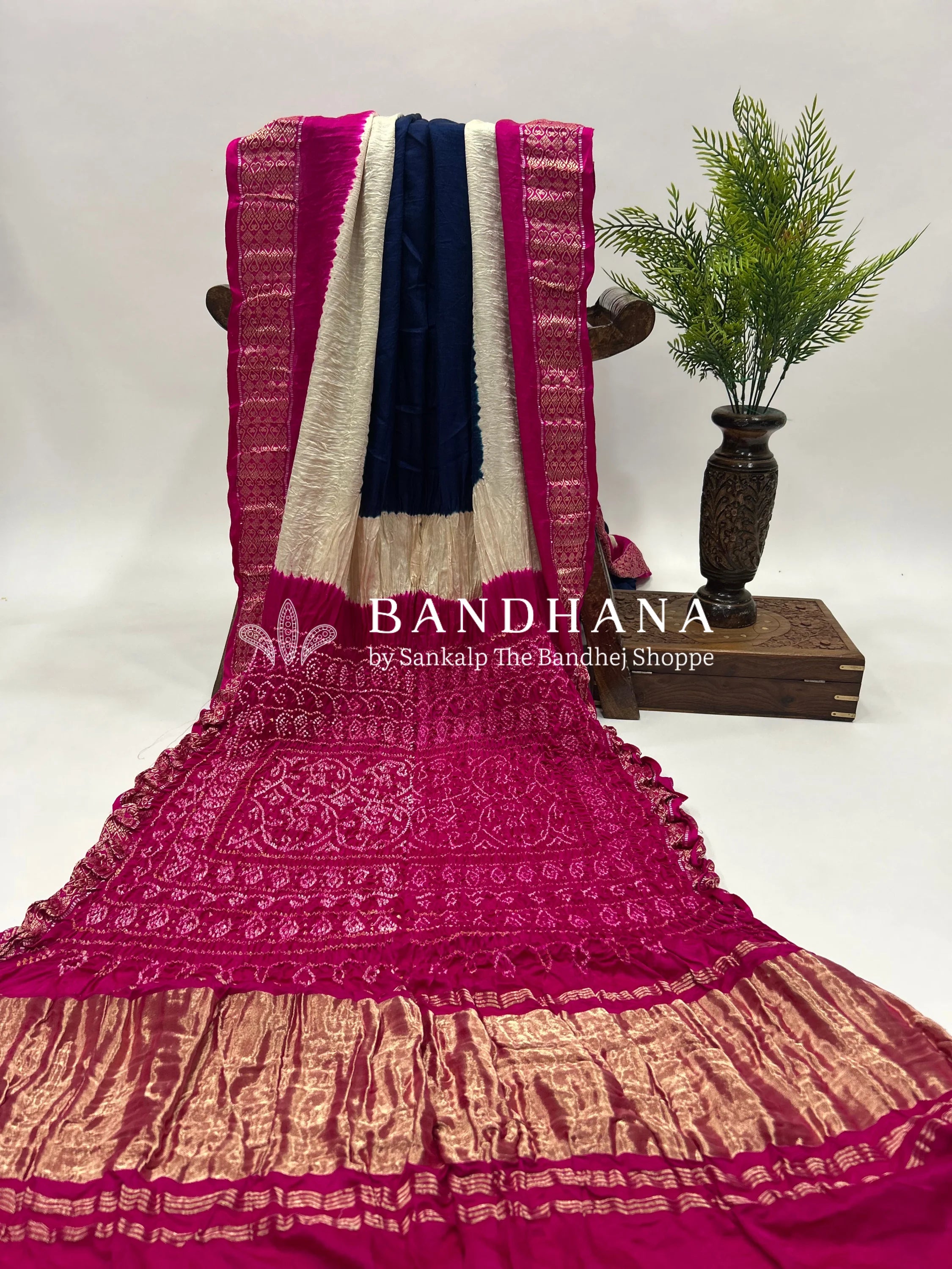 Navy Blue-Rani Gajji Silk Designer Gala Saree with 3 Colour Dying mediumvioletred / Gajji Silk Sarees