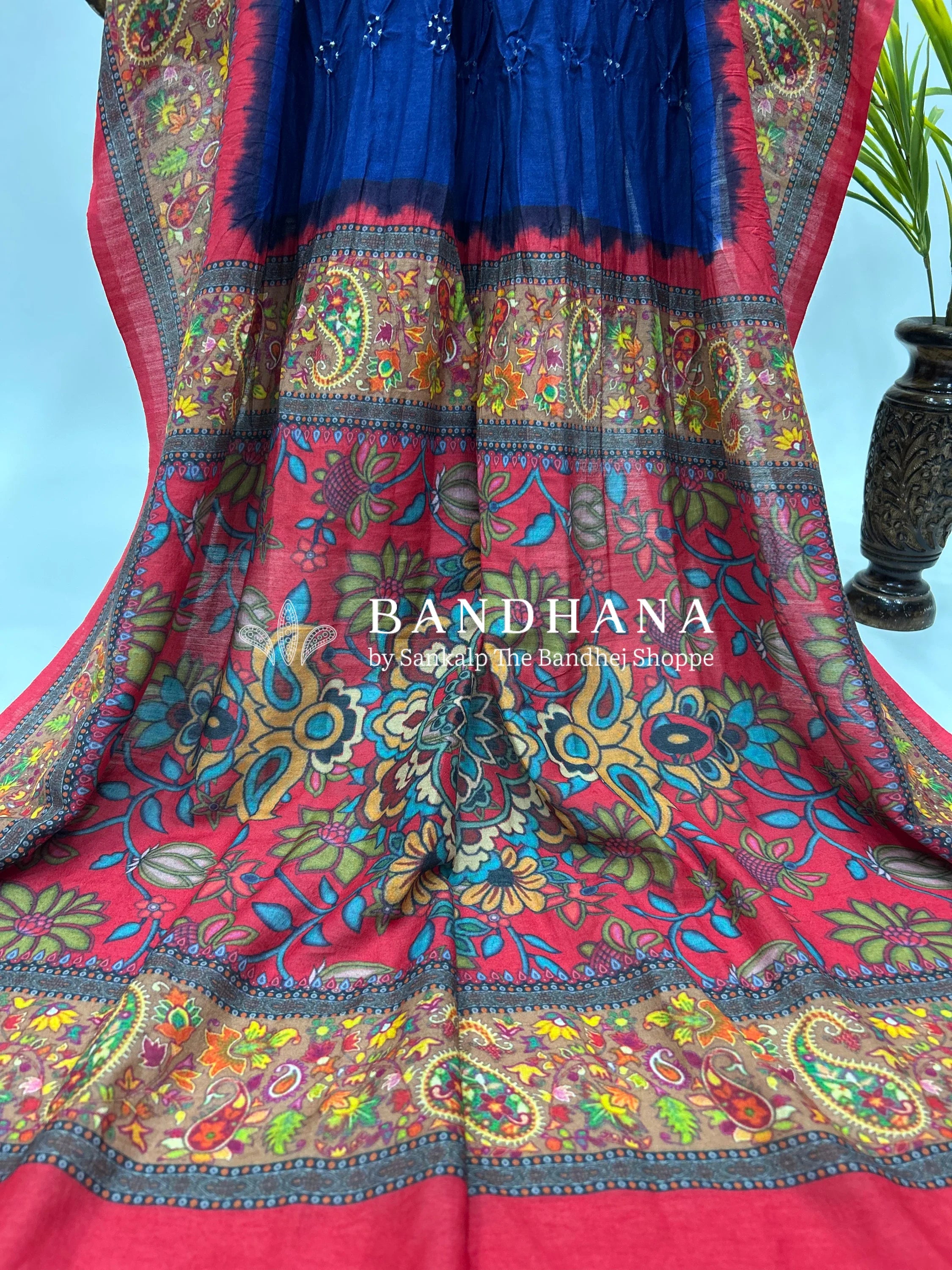 Navy Blue-Rust Muga Silk Digital Kashmiri Print Bandhani Saree navy / Muga Silk Sarees