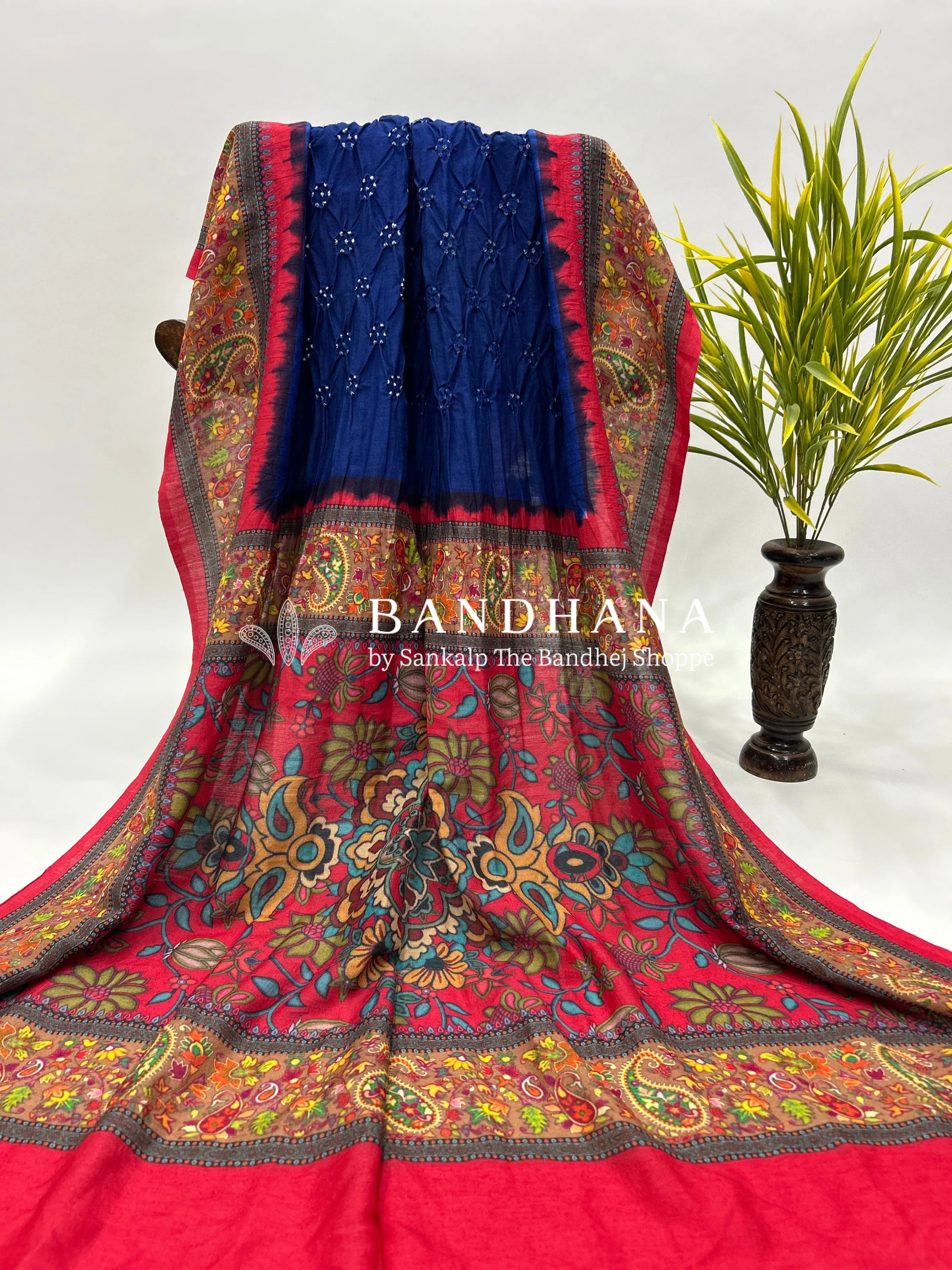 Navy Blue-Rust Muga Silk Digital Kashmiri Print Bandhani Saree navy / Muga Silk Sarees