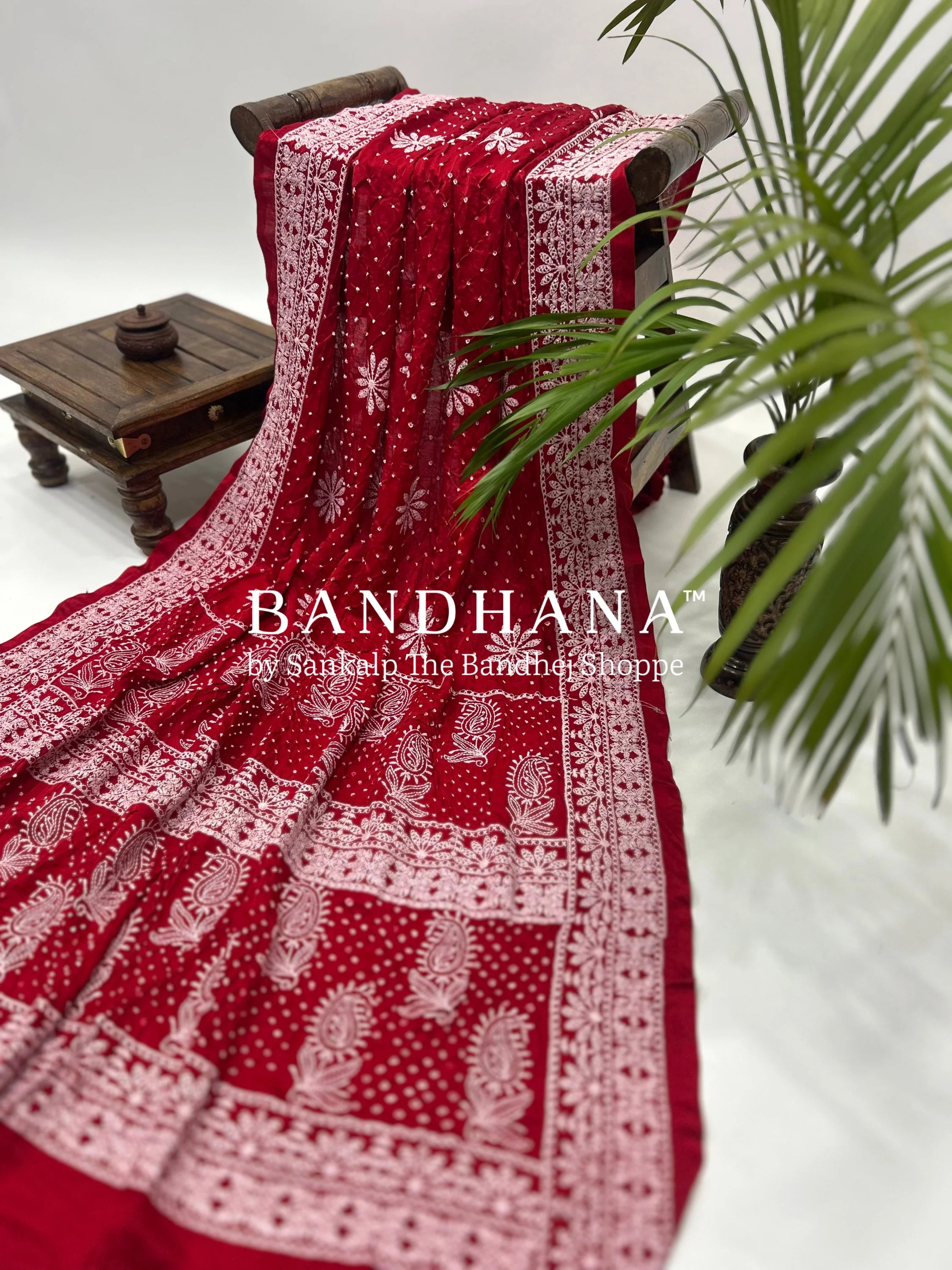Nawabi Style Lucknowi Bandhani Silk Maroon Saree Sarees