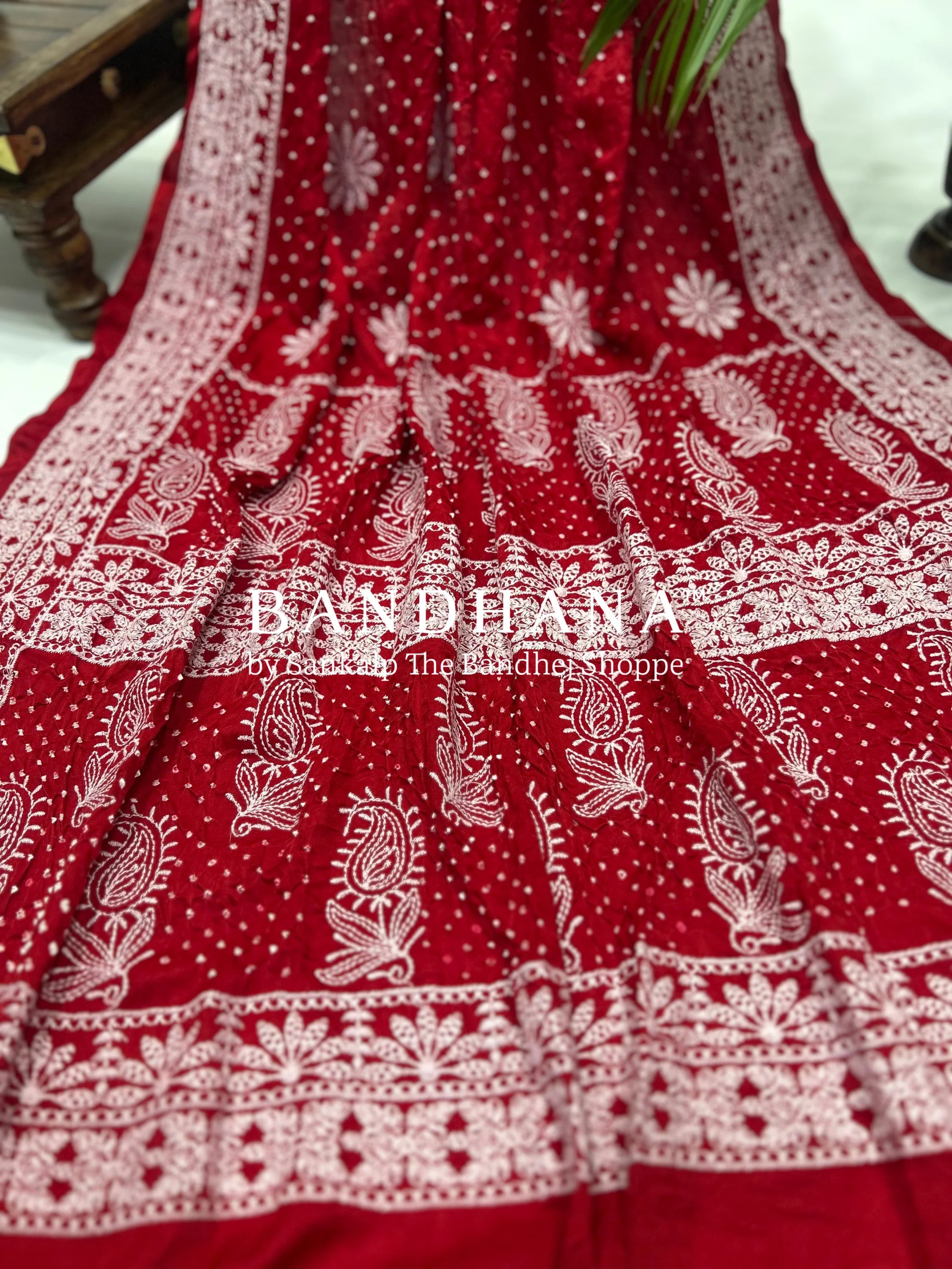 Nawabi Style Lucknowi Bandhani Silk Maroon Saree Sarees