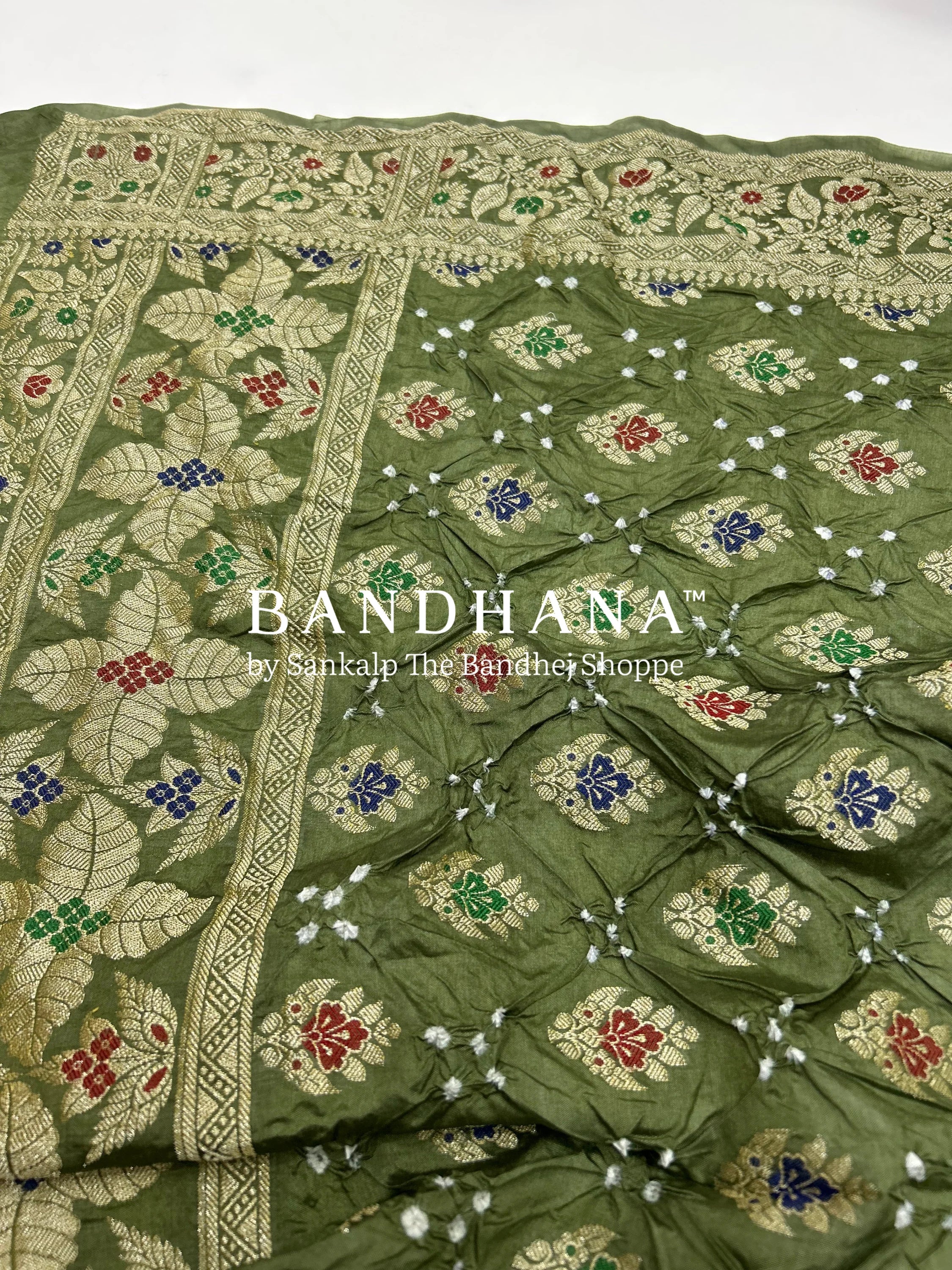 Olive & Gaajar Art Dupion Butta Bandhani Dress Material darkolivegreen / Art Silk Dresses