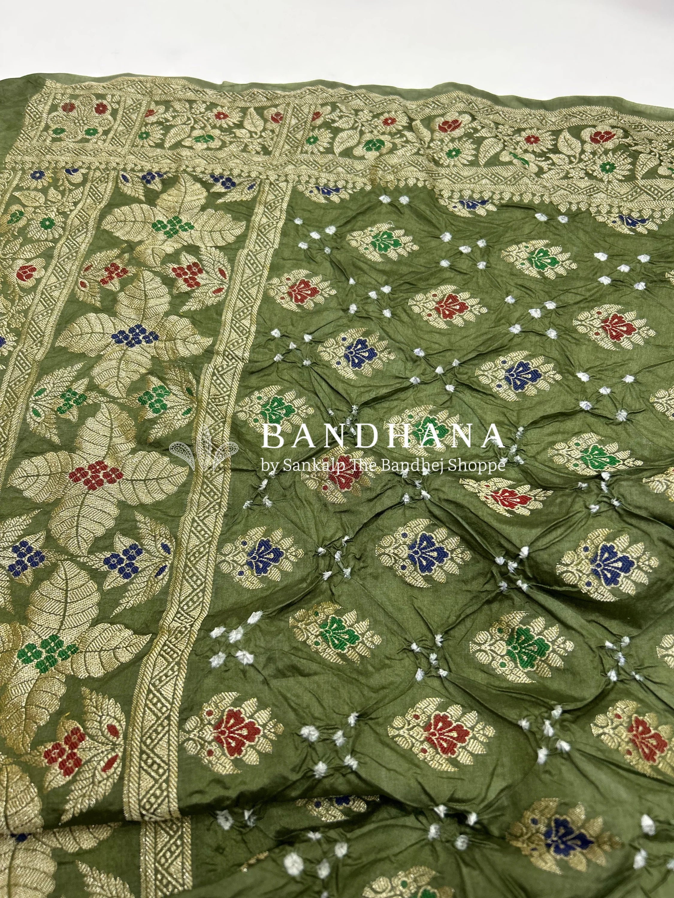 Olive & Gaajar Art Dupion Butta Bandhani Dress Material darkolivegreen / Art Silk Dresses
