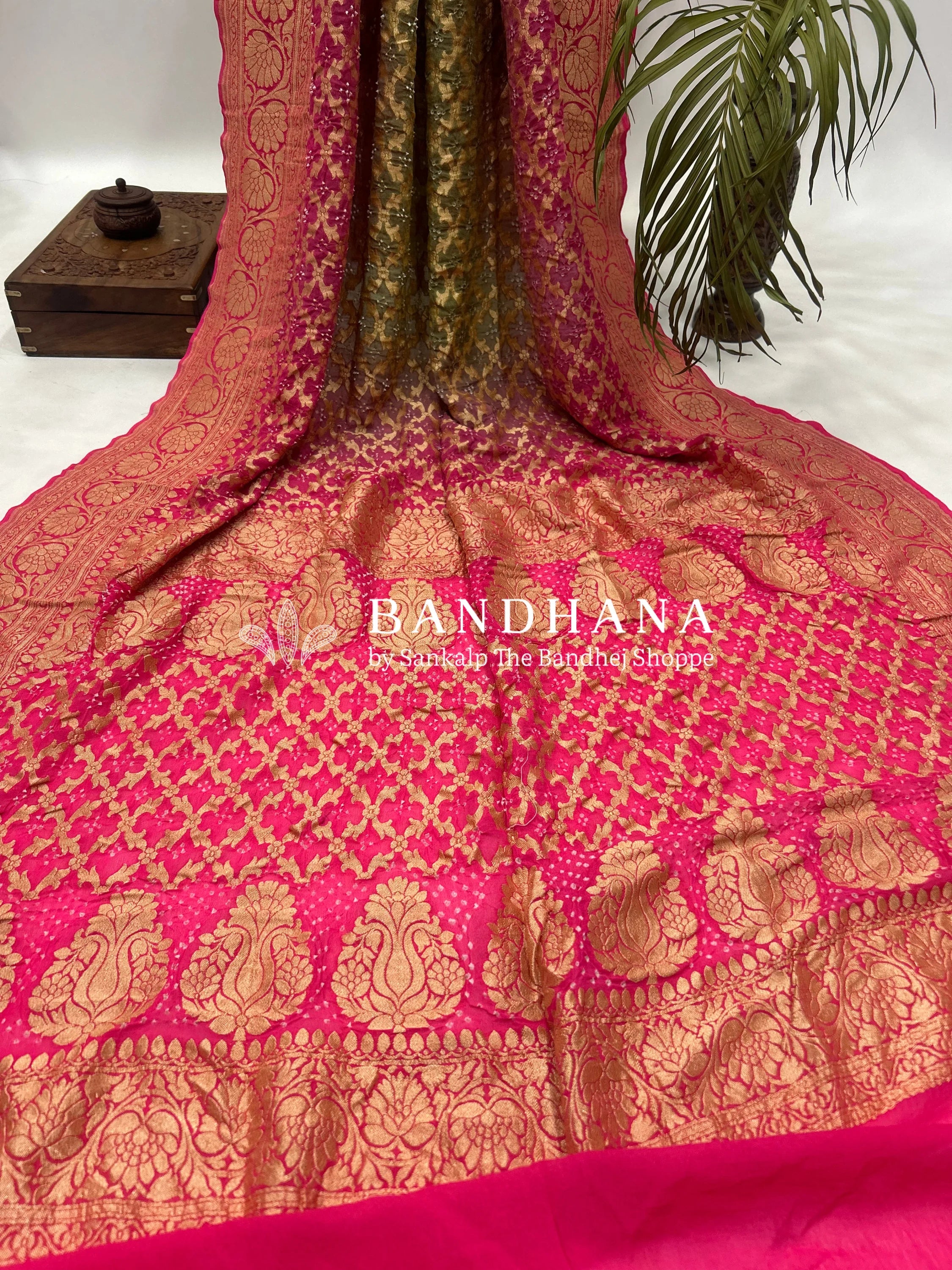 Olive Gajjri Georgette Jaal Bandhani Saree Sarees