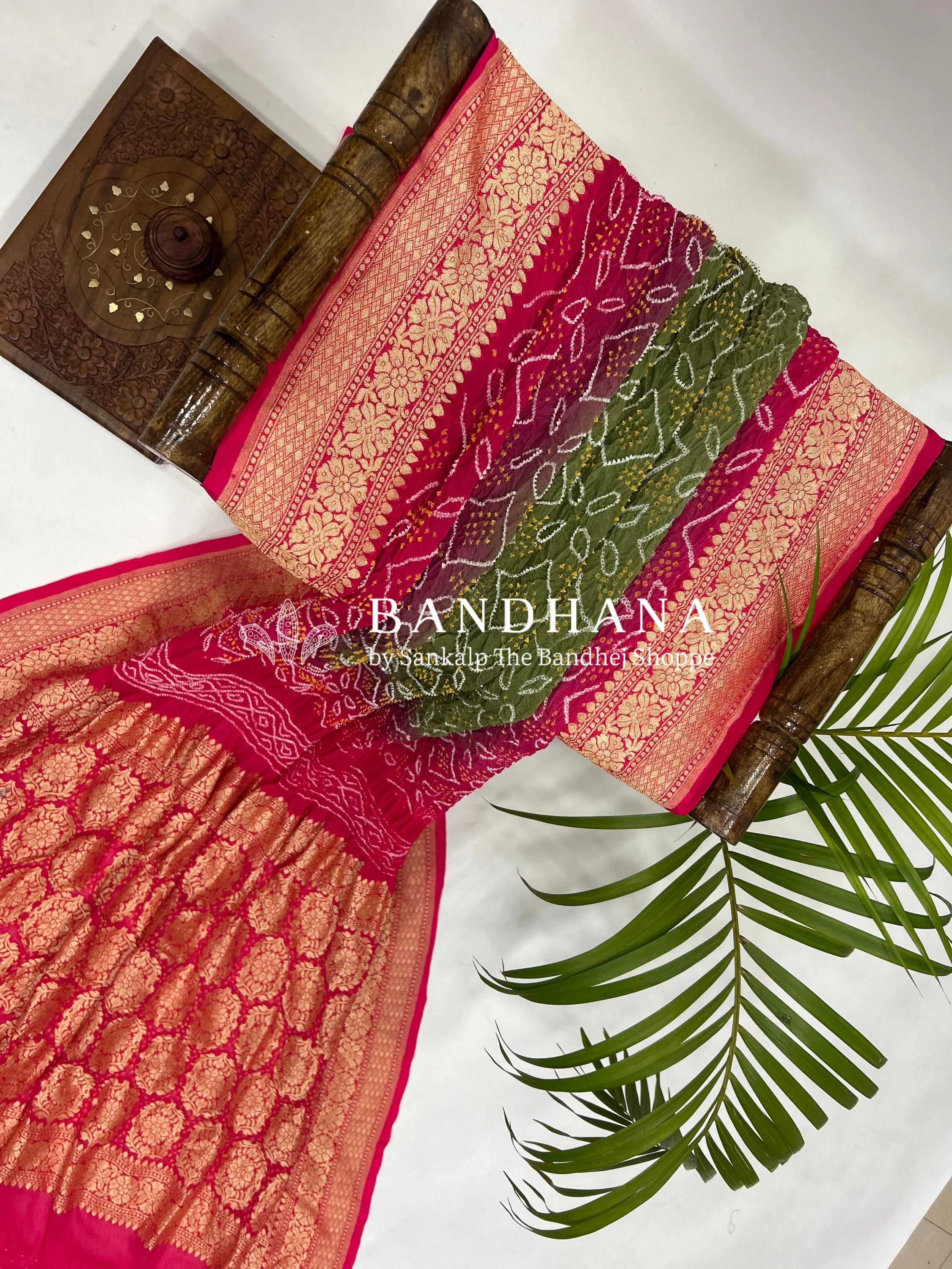 Olive Gajri Georgette Bananrasi All Over Rai Bandhani Saree Sarees