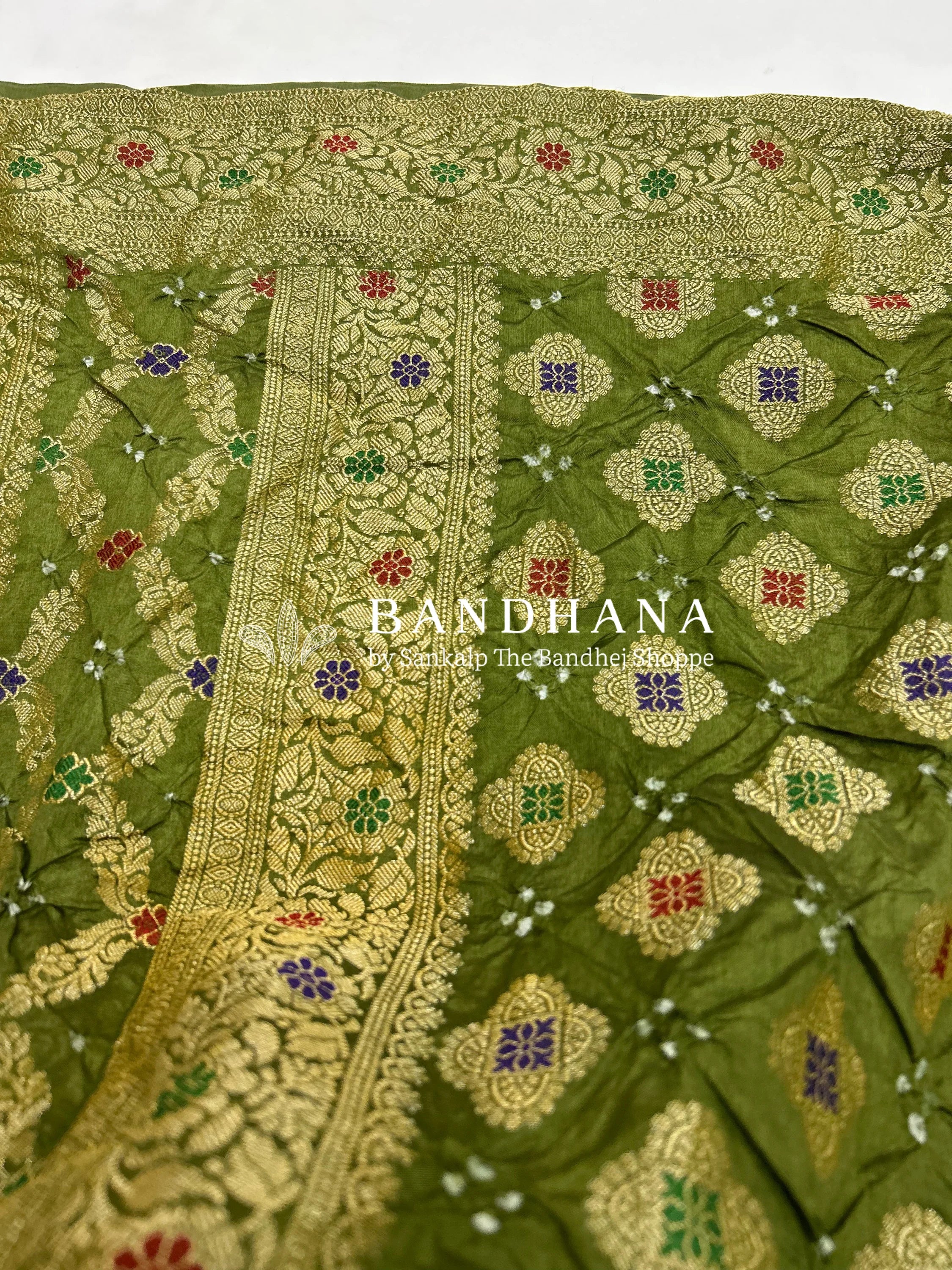 Olive & Grey Art Dupion Butta Bandhani Dress Material green / Art Silk Dresses