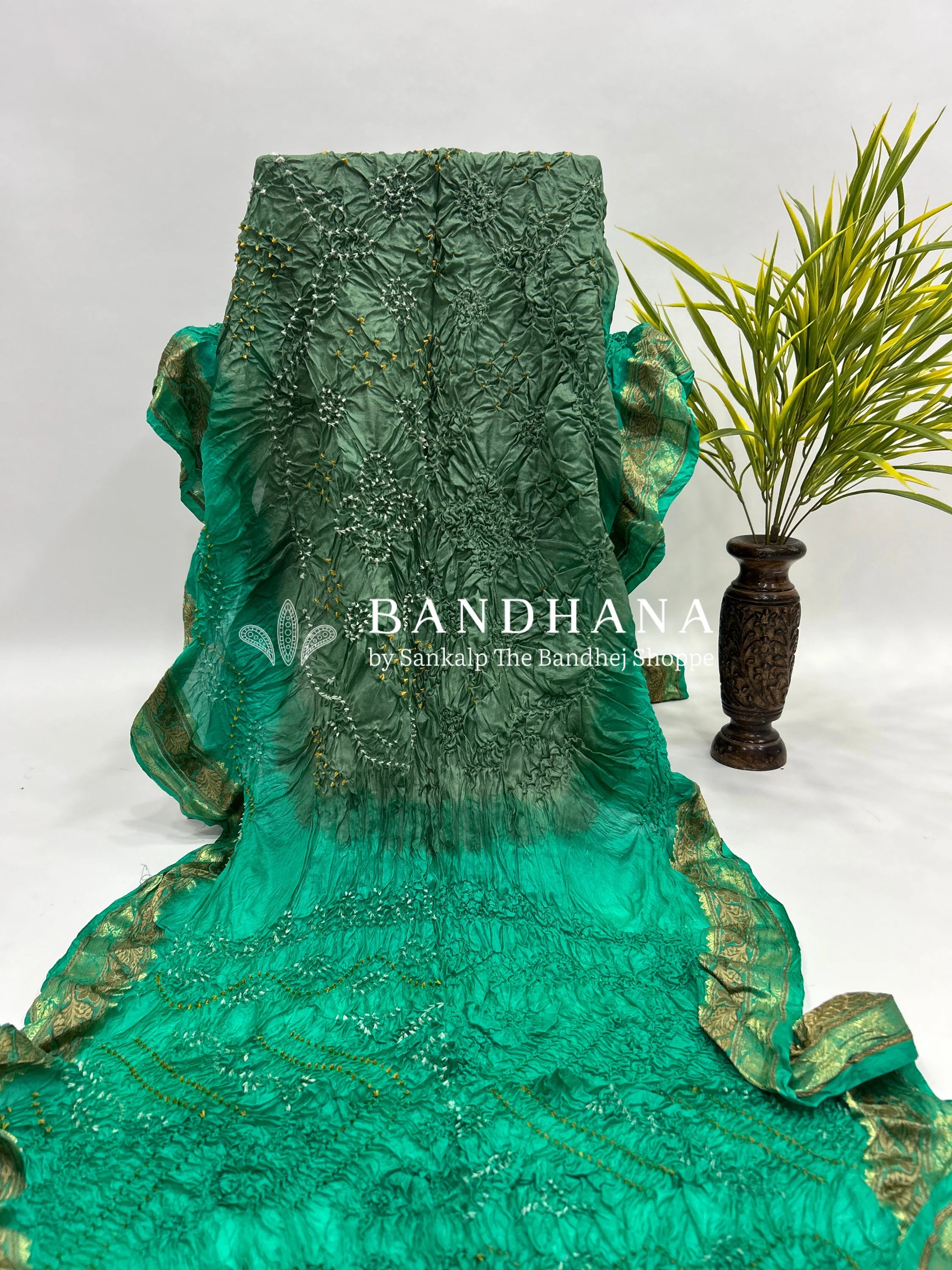 Olive & Sea Green Soft Silk Resham Palav Bandhani Saree mediumseagreen / Soft Silk Sarees