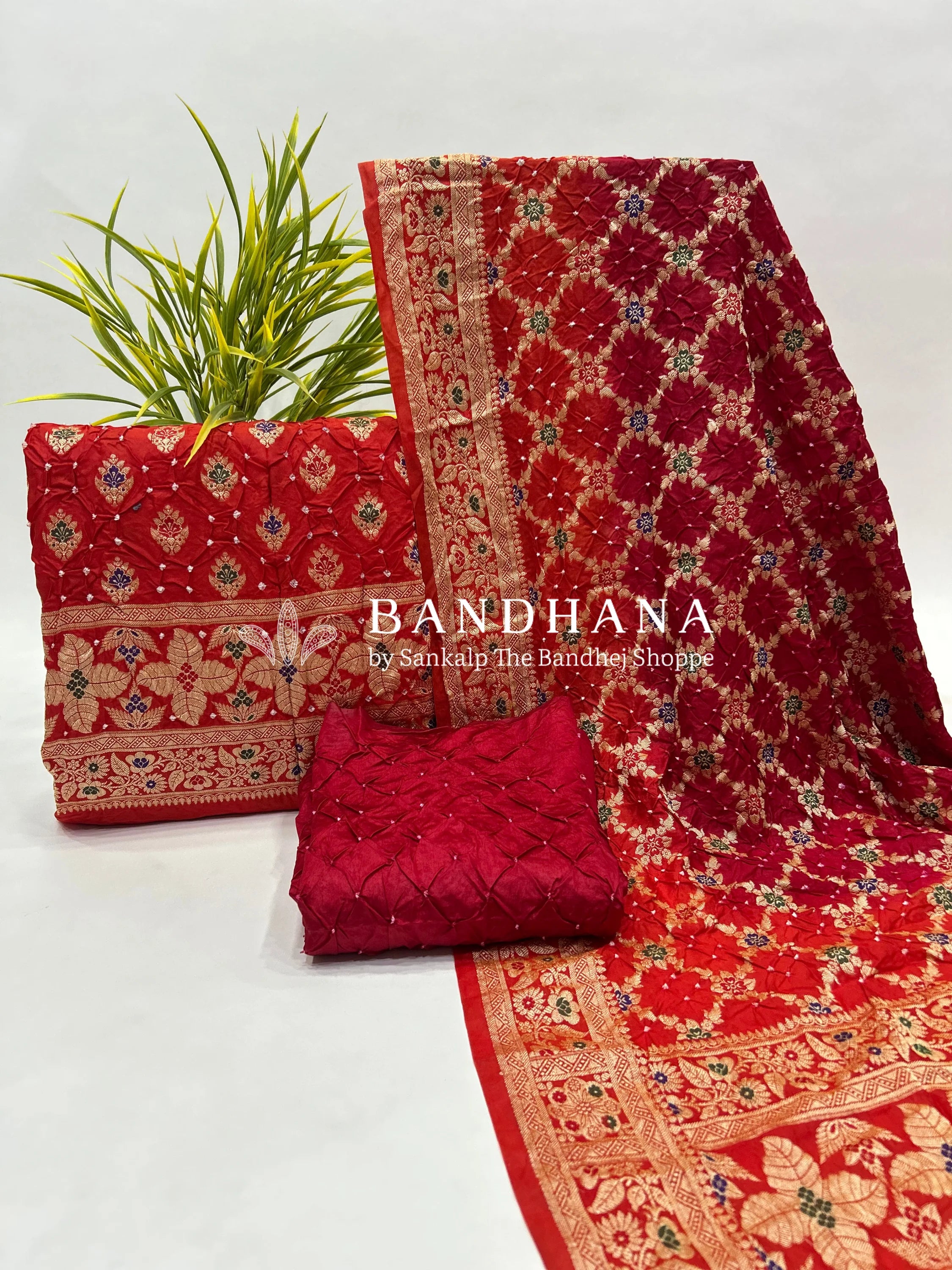 Orange & Maroon Art Dupion Butta Bandhani Dress Material maroon / Art Silk Dresses