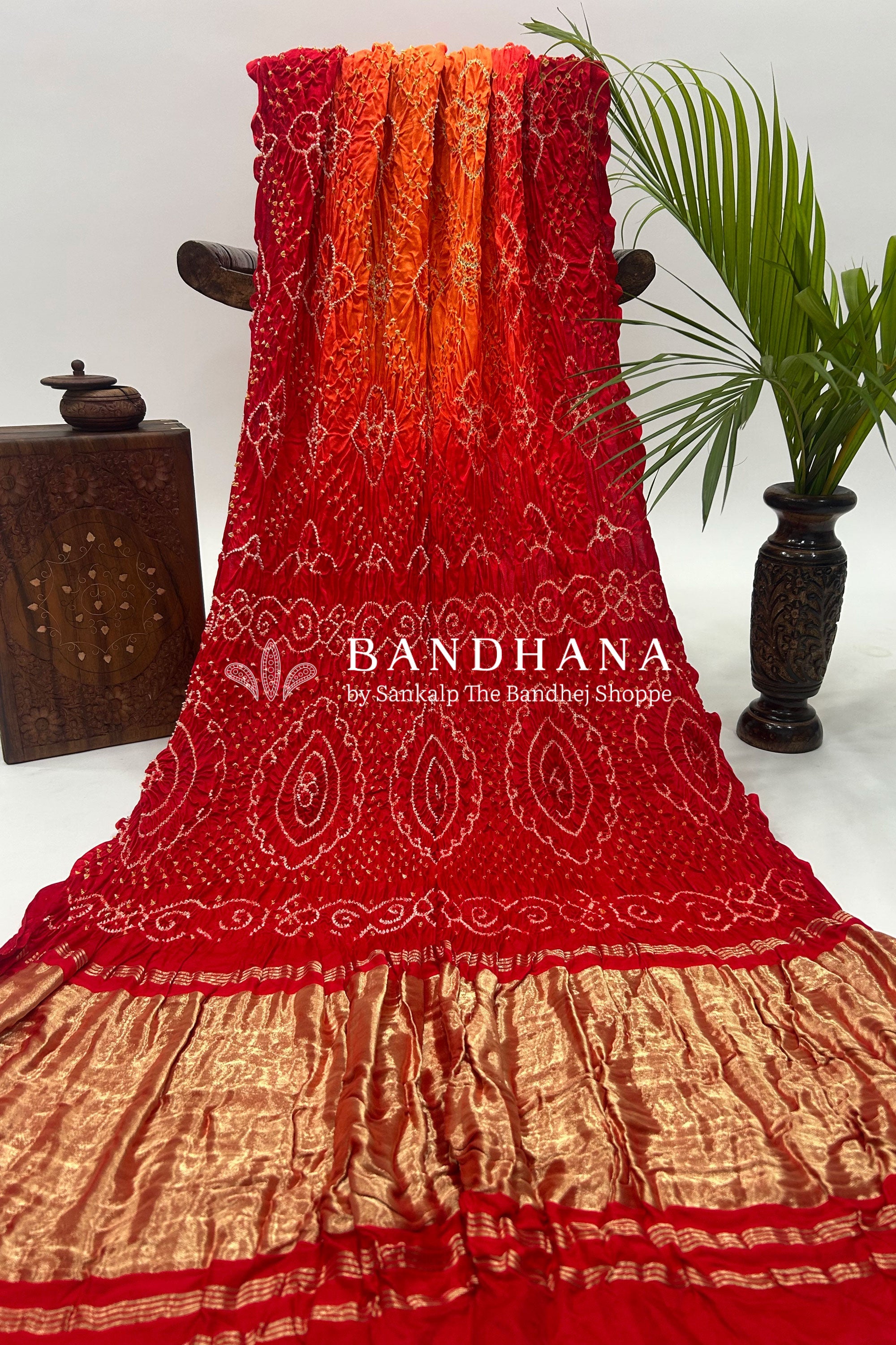Orange Red Shaded Gajji Fancy Rai Bandhani Saree Sarees