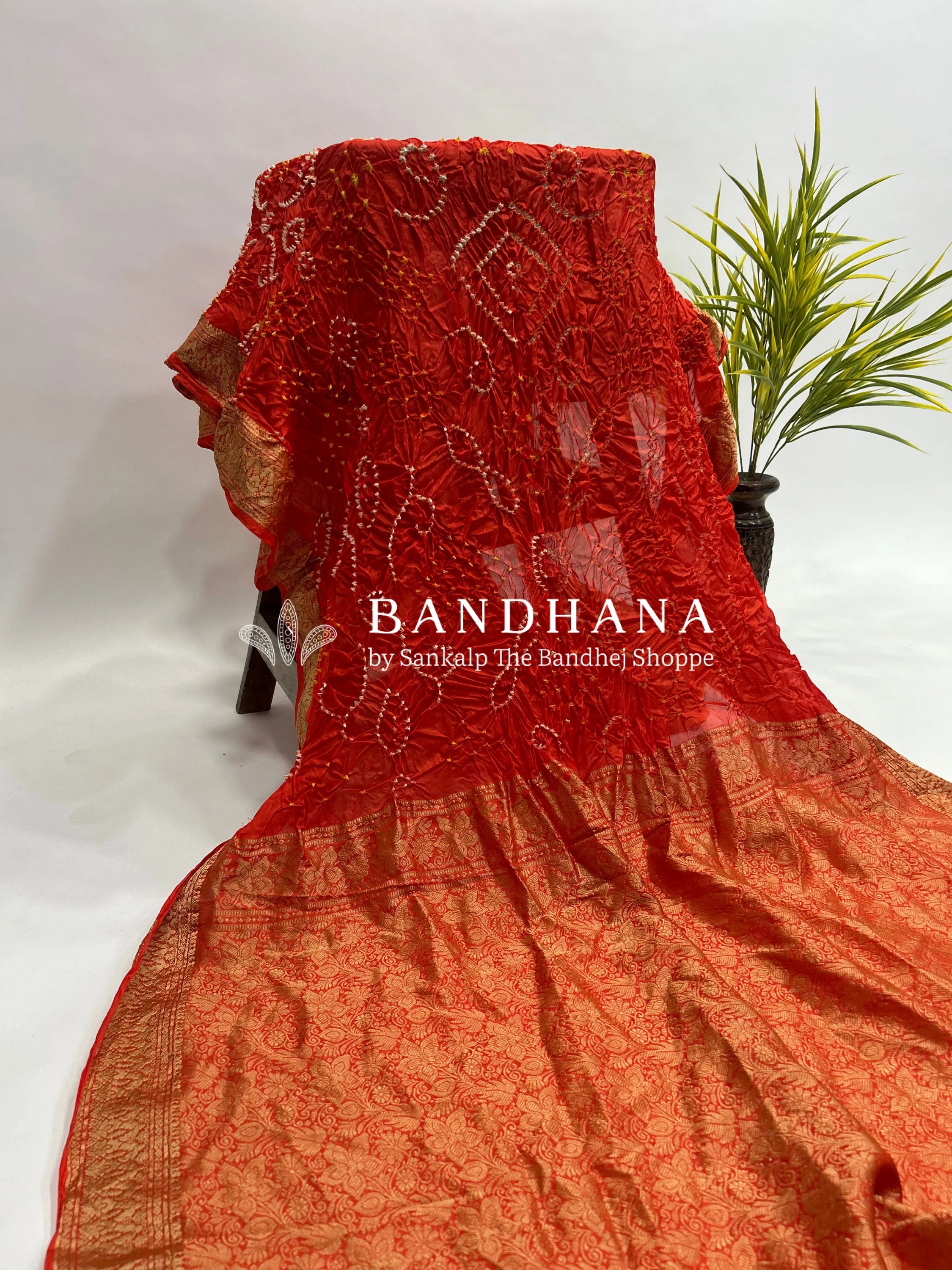 Orange Soft Silk Resham Palav Bandhani Saree orangered / Soft Silk Sarees