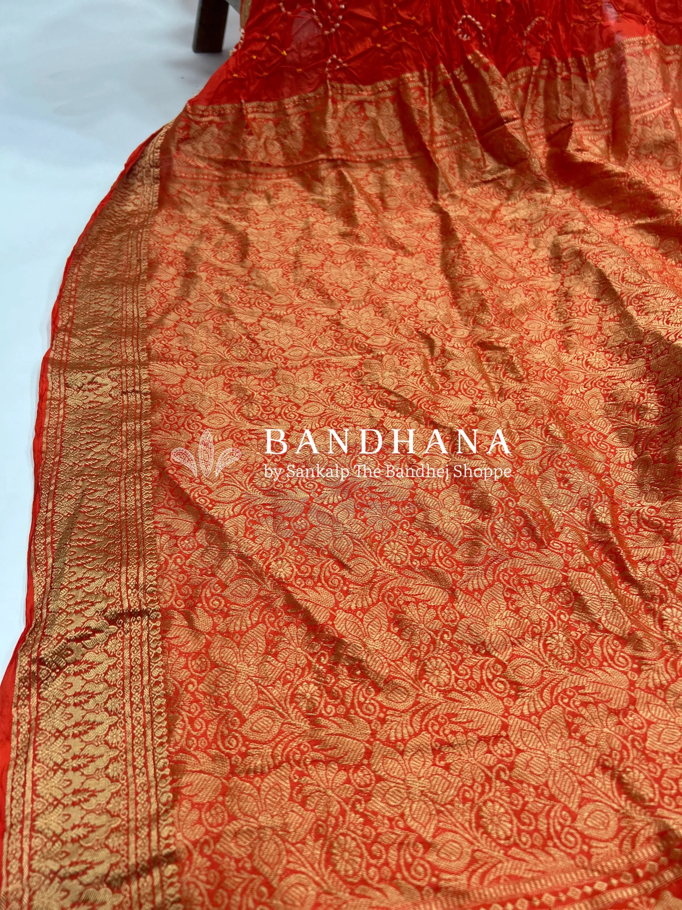 Orange Soft Silk Resham Palav Bandhani Saree orangered / Soft Silk Sarees