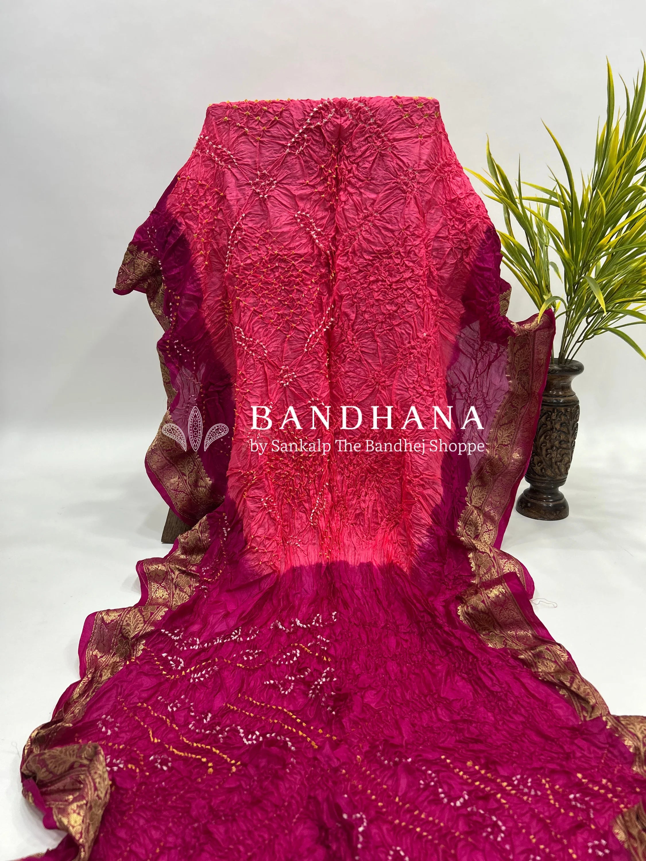 Peach & Rani Soft Silk Resham Palav Bandhani Saree pink / Soft Silk Sarees