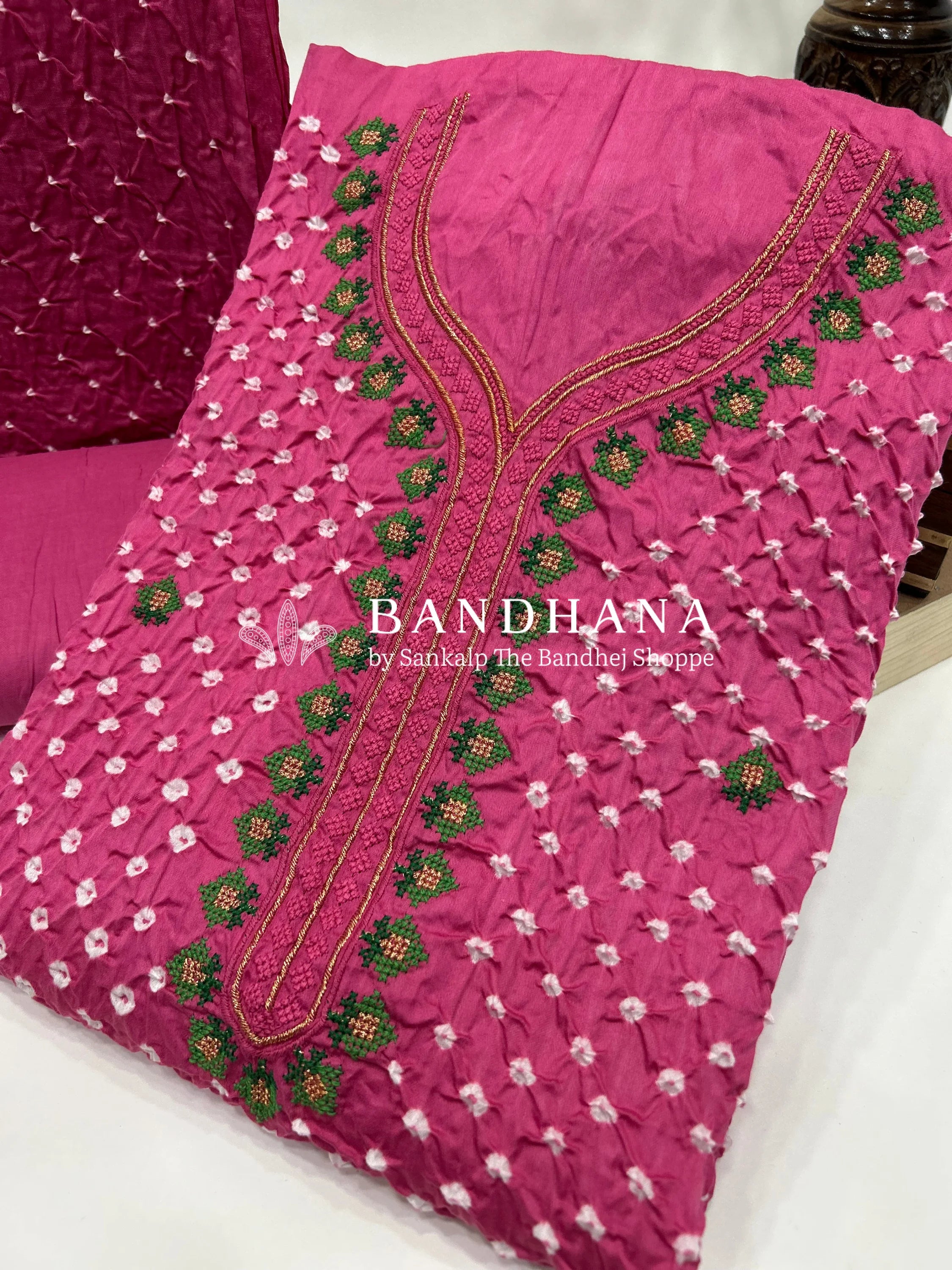 Pink Cotton Work Bandhani Dress Material (Unstitched) pink / Cotton Dresses