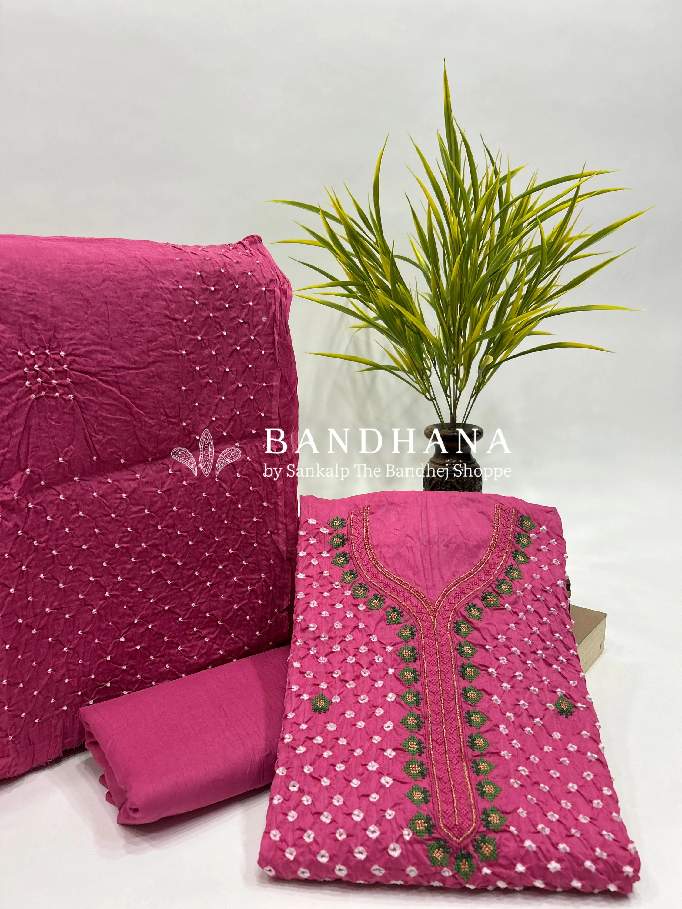Pink Cotton Work Bandhani Dress Material (Unstitched) pink / Cotton Dresses