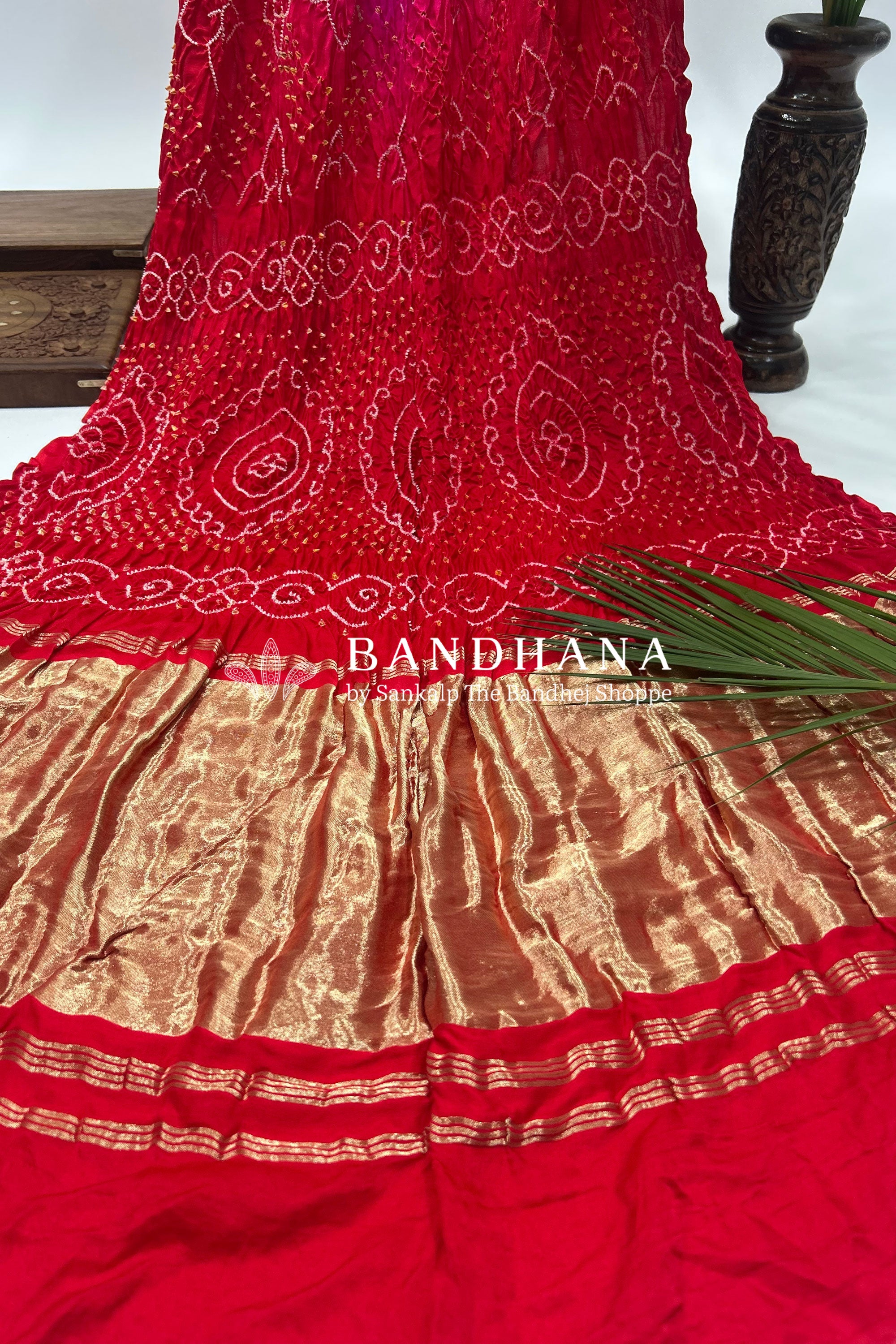 Pink Red Shaded Gajji Fancy Rai Bandhani Saree Sarees
