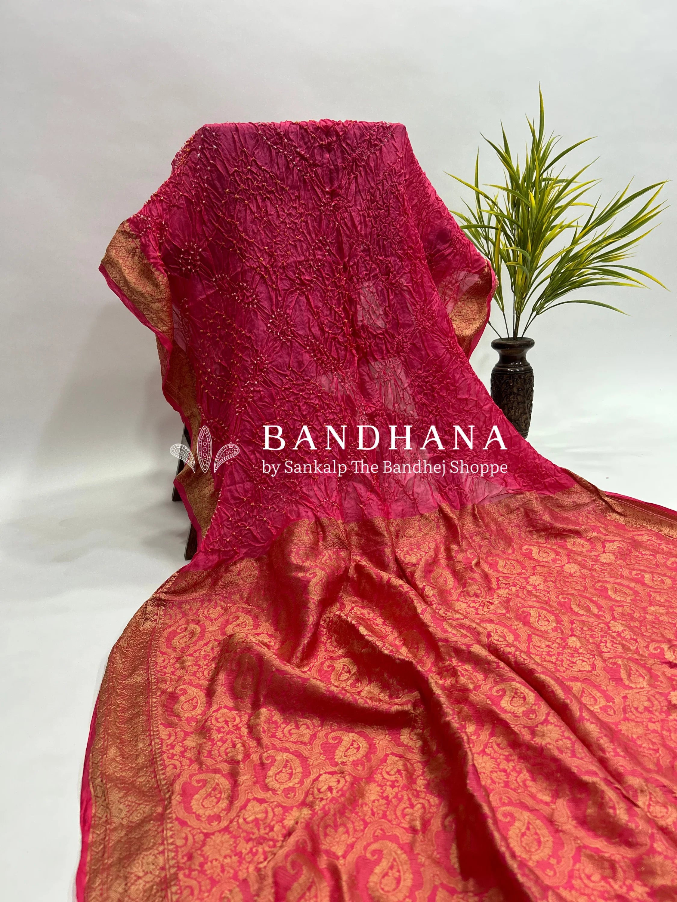 Pink Soft Silk Resham Palav Bandhani Saree deeppink / Soft Silk Sarees