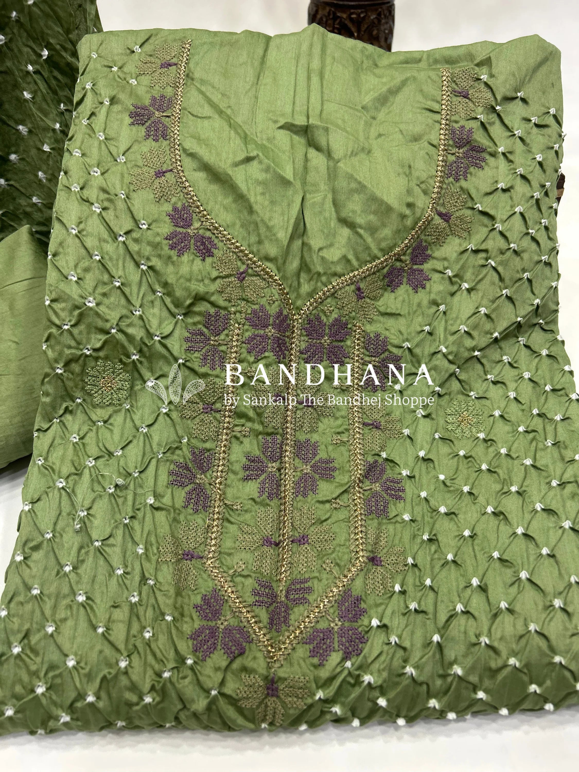 Pista Cotton Work Bandhani Dress Material (Unstitched) darkseagreen / Cotton Dresses