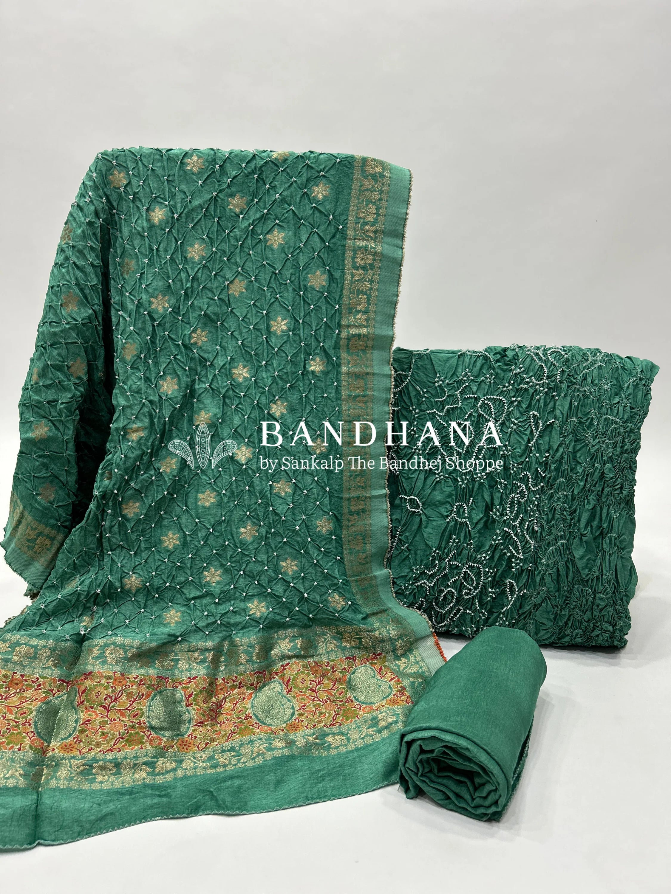 Pista Dola Silk Bandhani Dress Material teal / Dola Silk Dresses