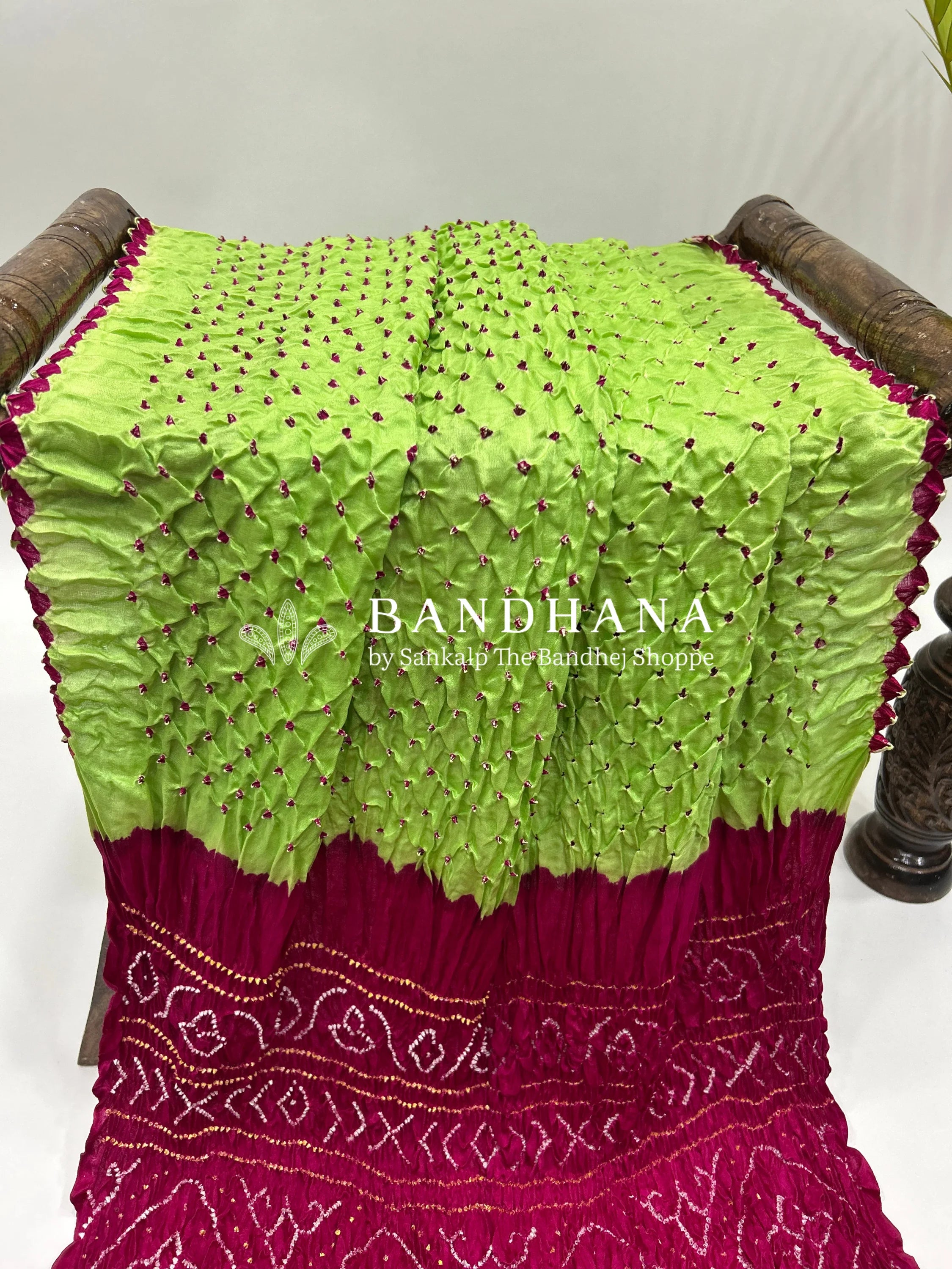 Pista Rani Pink Gajji Silk Contrast Colour Bandhej Single Dot Bandhani Saree Sarees