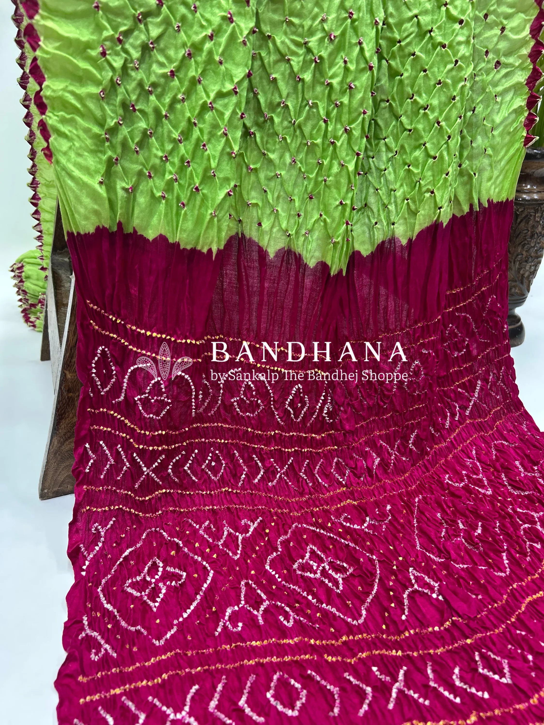 Pista Rani Pink Gajji Silk Contrast Colour Bandhej Single Dot Bandhani Saree Sarees